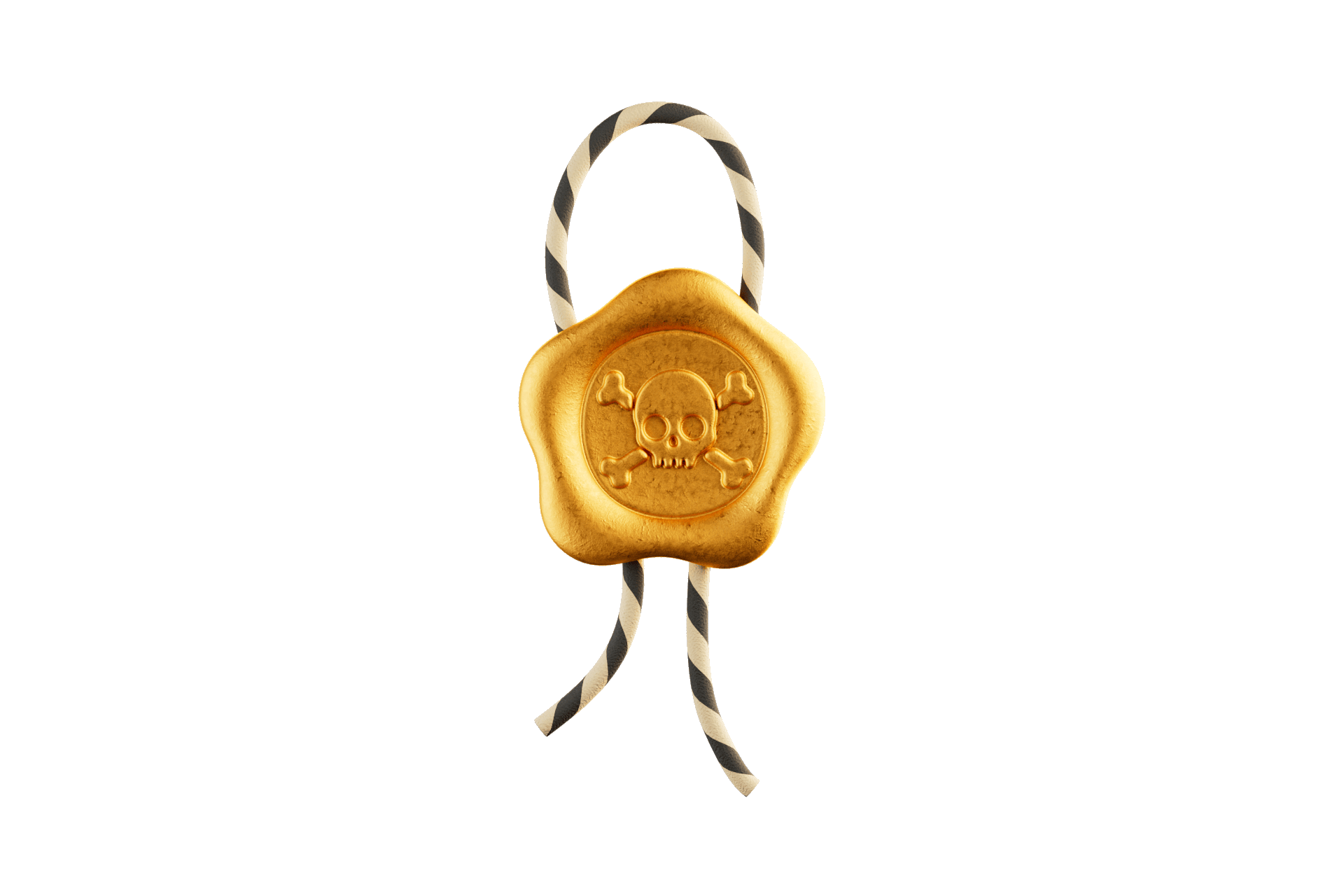 Gold treasure with a skull and crossbones symbol, attached to black and white striped ribbons, against a brown background.