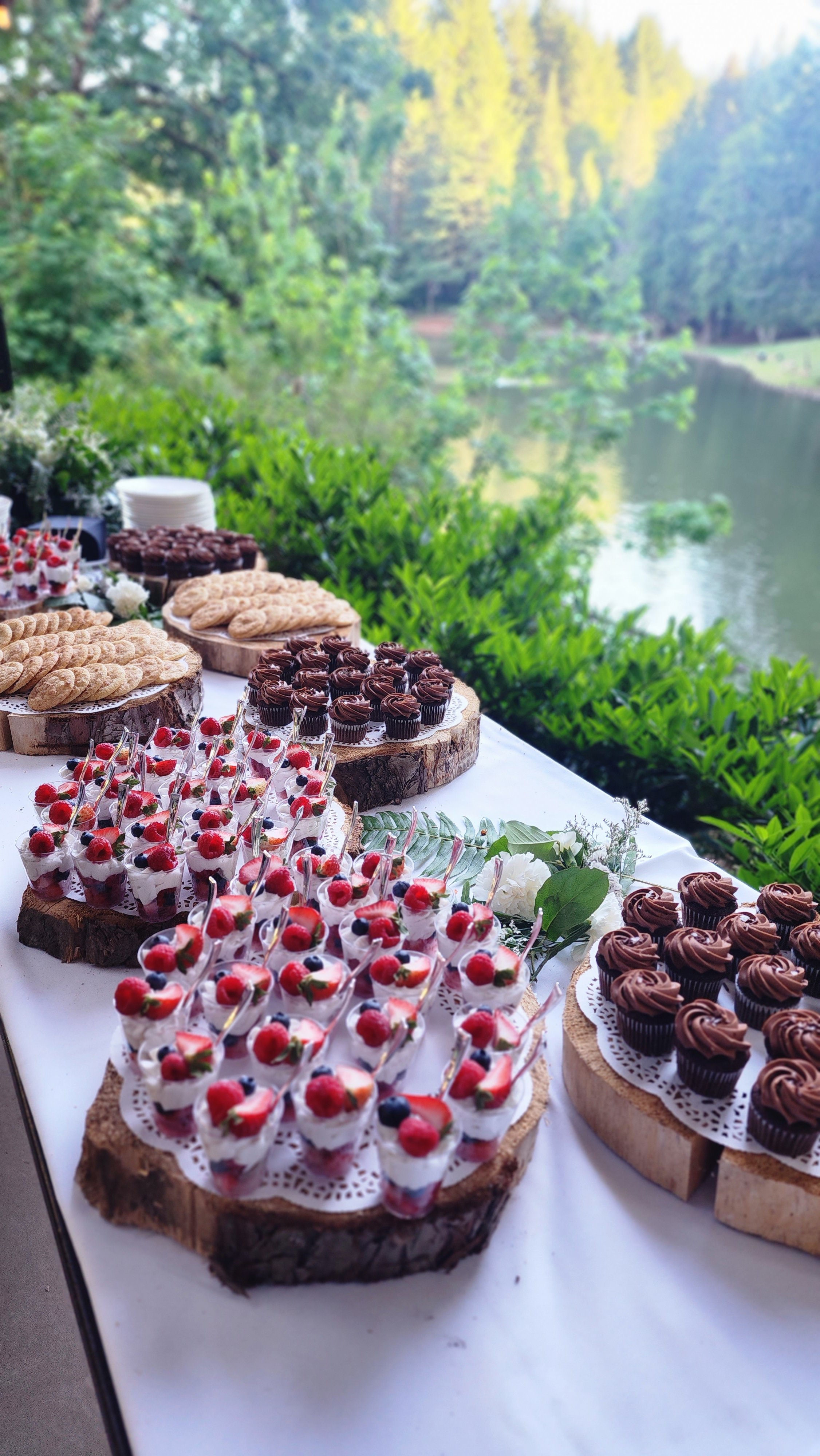 Colorful dessert table with a lakeview backdrop