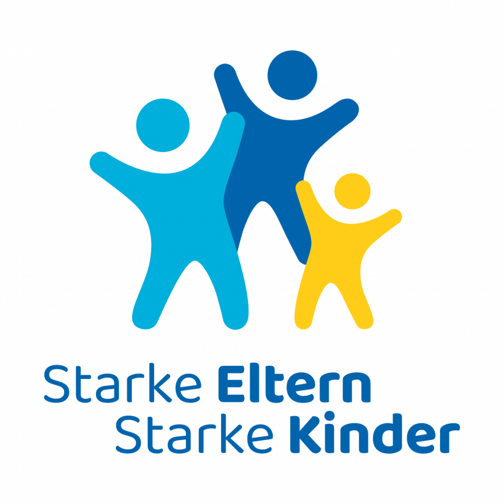 Grafik mit drei stilisierten, bunt gestalteten Figuren, die Eltern und Kinder symbolisieren. Darunter der Text 'Starke Eltern Starke Kinder' in blauer Schrift.