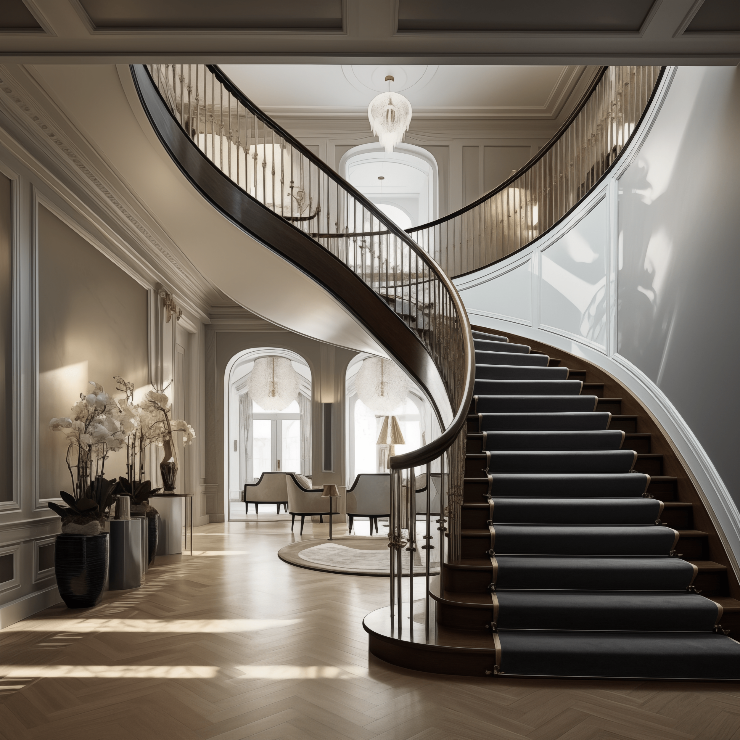 Elegant interior with a curved staircase, polished wood banister, black carpeted steps, and a sitting area with two chairs, large windows, and decorative plants.