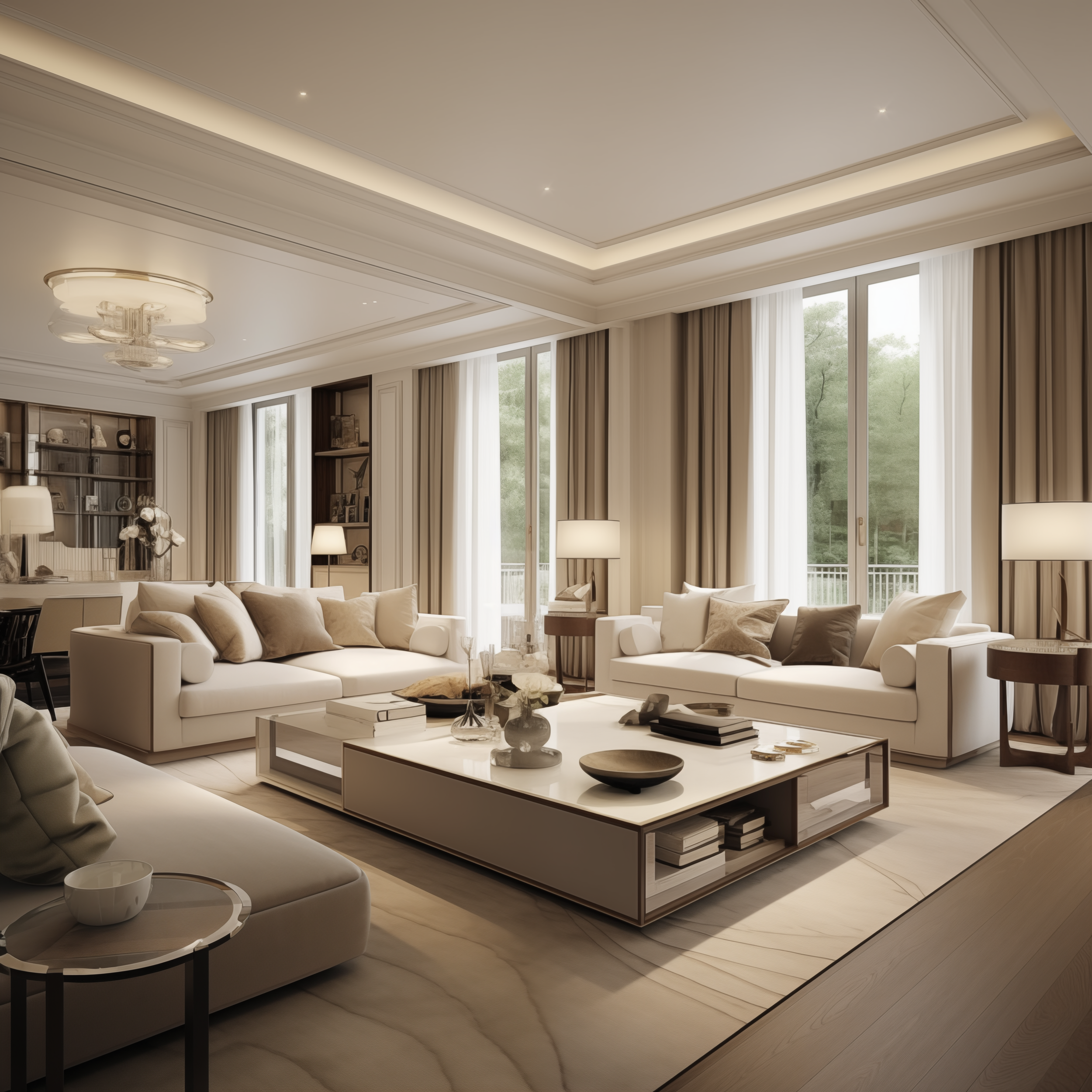 Elegant living room with cream-colored sofas, a white coffee table, beige curtains, and large windows showing greenery outside.