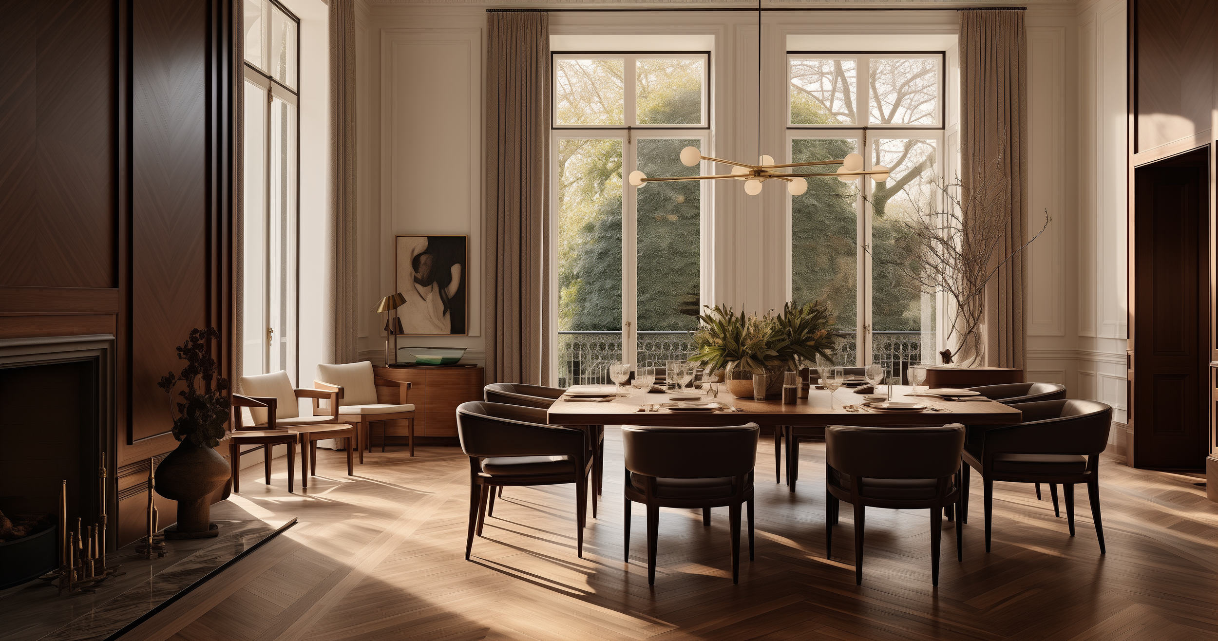 Elegant dining room with large windows, wooden accents, a round dining table set with glassware, and modern lighting.