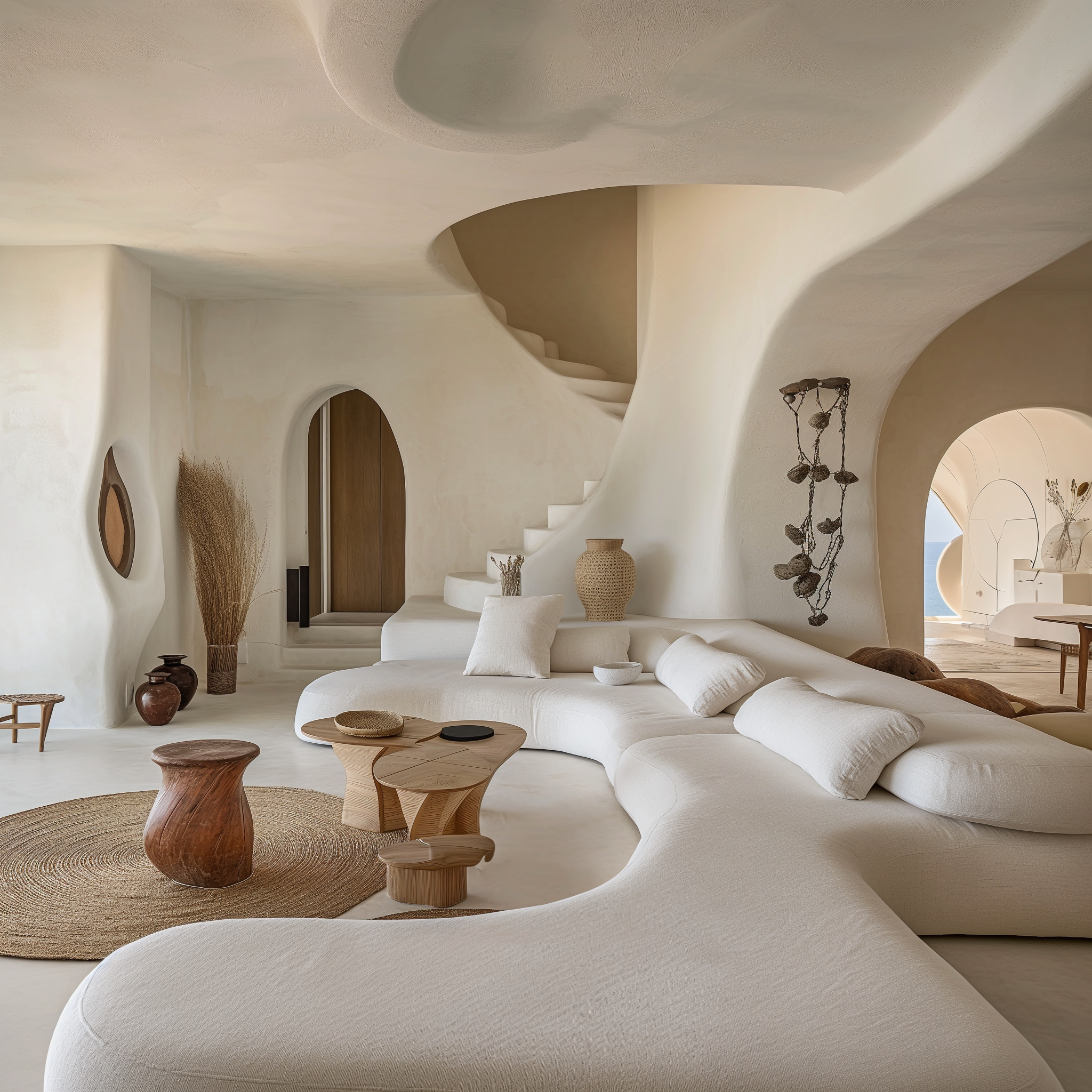 Modern, minimalist living room with white curved sofa, wooden coffee tables, vases, decorative plants, and abstract architectural elements.