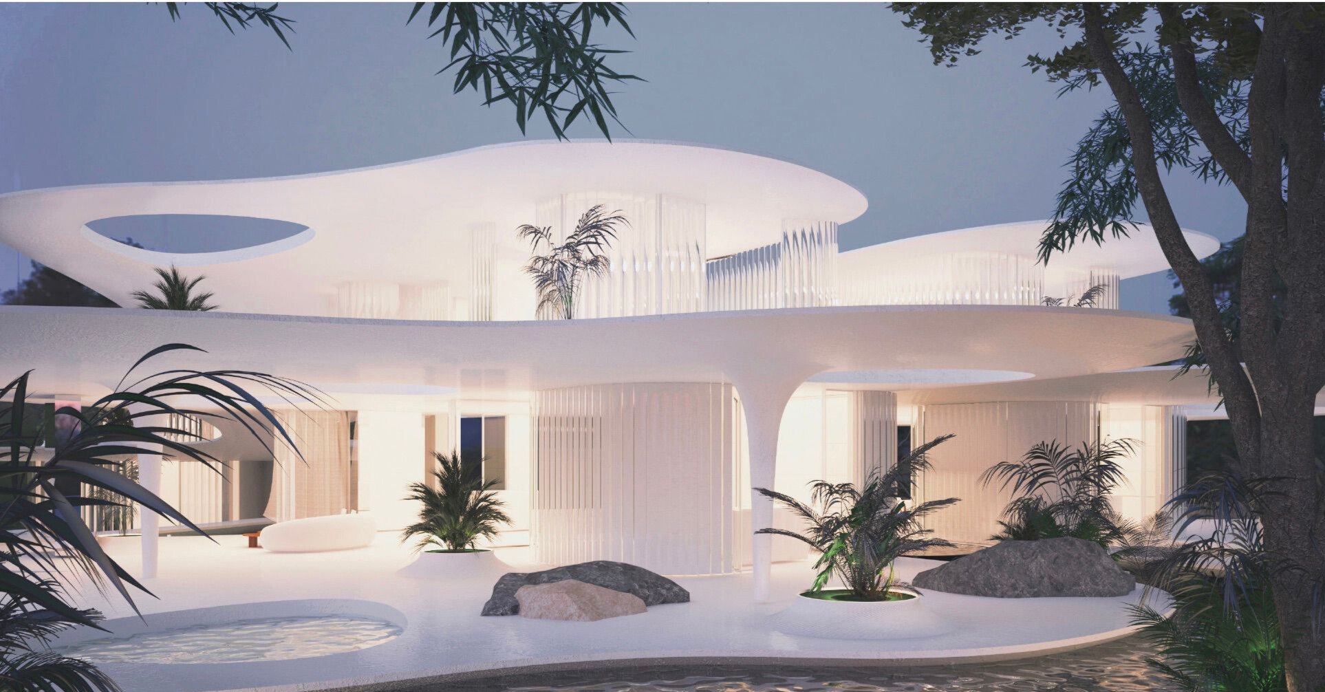 Modern futuristic house with white curved architecture, surrounded by lush plants and rocks, with a small pond in the foreground, set against a twilight sky.