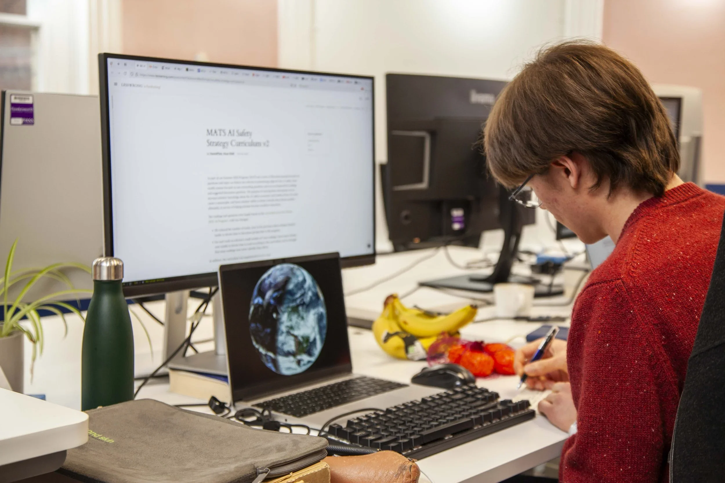 Person in red sweater sitting at a desk with computer monitors, a laptop displaying Earth, and fruit, including bananas and tangerines.