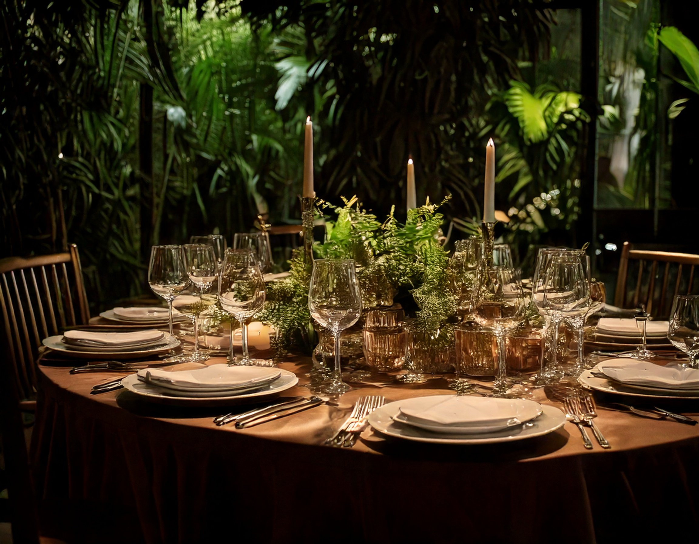 Firefly Dramatic table setting for a party surrounded by foliage and plants 72064.jpg