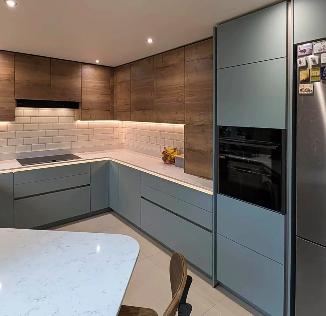 Aqua and Havana Oak Handleless Kitchen in Alton