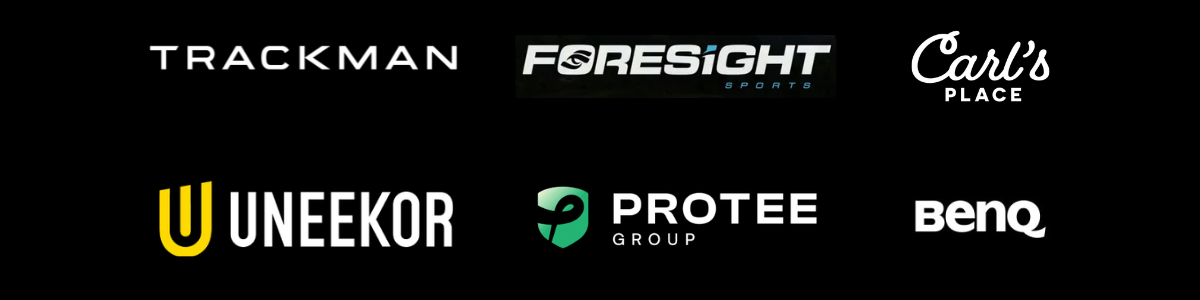 Collection of logos from various brands including Trackman, Foresight Sports, Carl's Place, Uneekor, Protee Group, and BenQ.