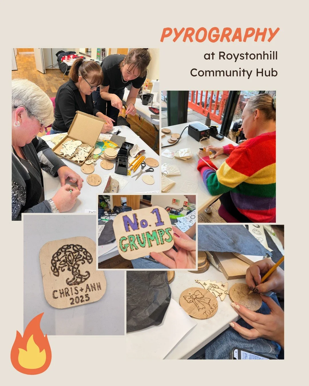 We hosted another pyrography workshop with @north_glasgow_healthy_living  at @roystonhillcommunityhub last Thursday.

Pyrography involves burning designs onto wood with a heated tool. It was great to see what people made, and even see some make a sta