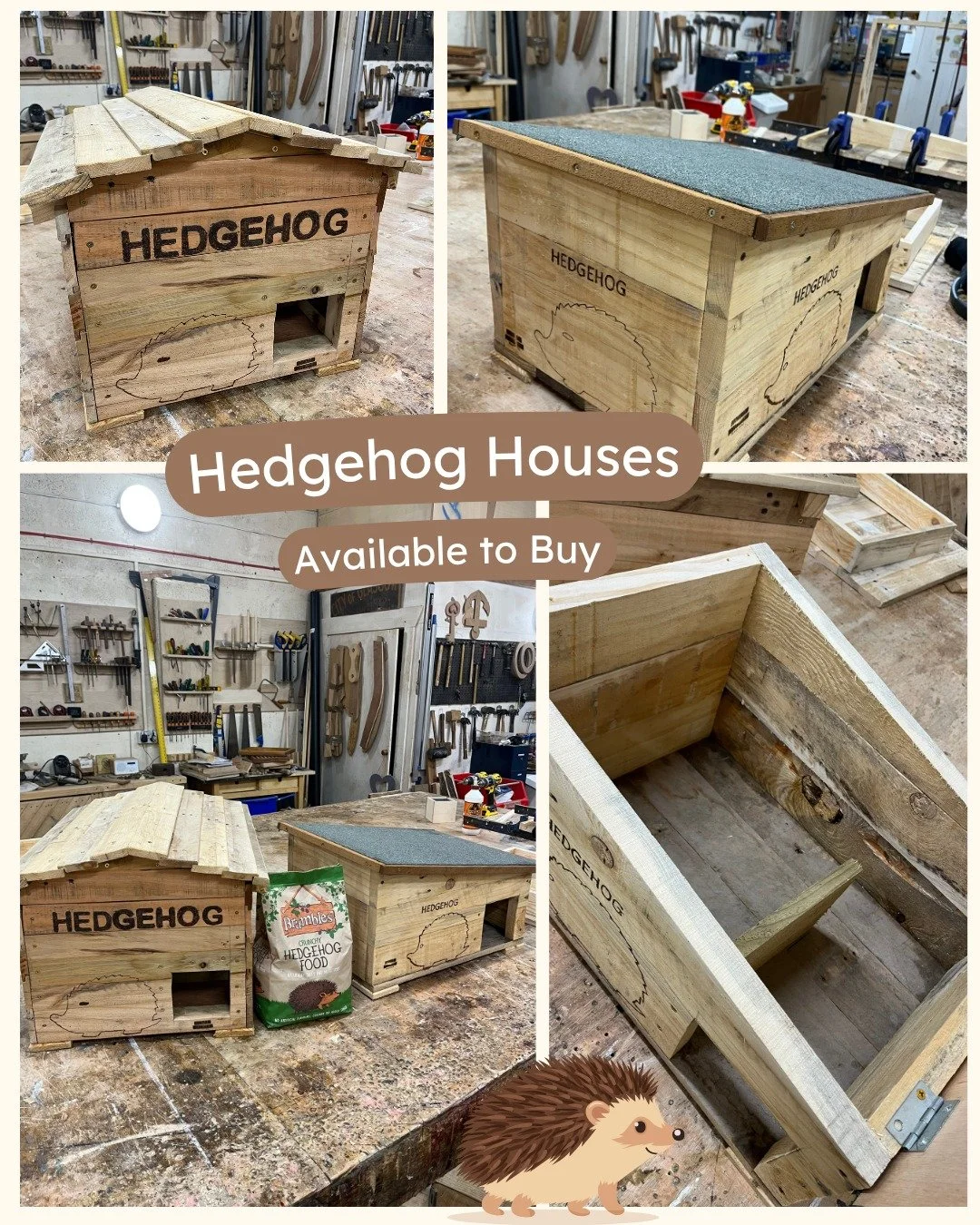These awesome hedgehog houses were handmade by our team from recycled timber, and are available to buy from the workshop 🦔🪚🏠

They make a wonderful addition to any garden to encourage some prickly visitors, and include a divider inside to keep the