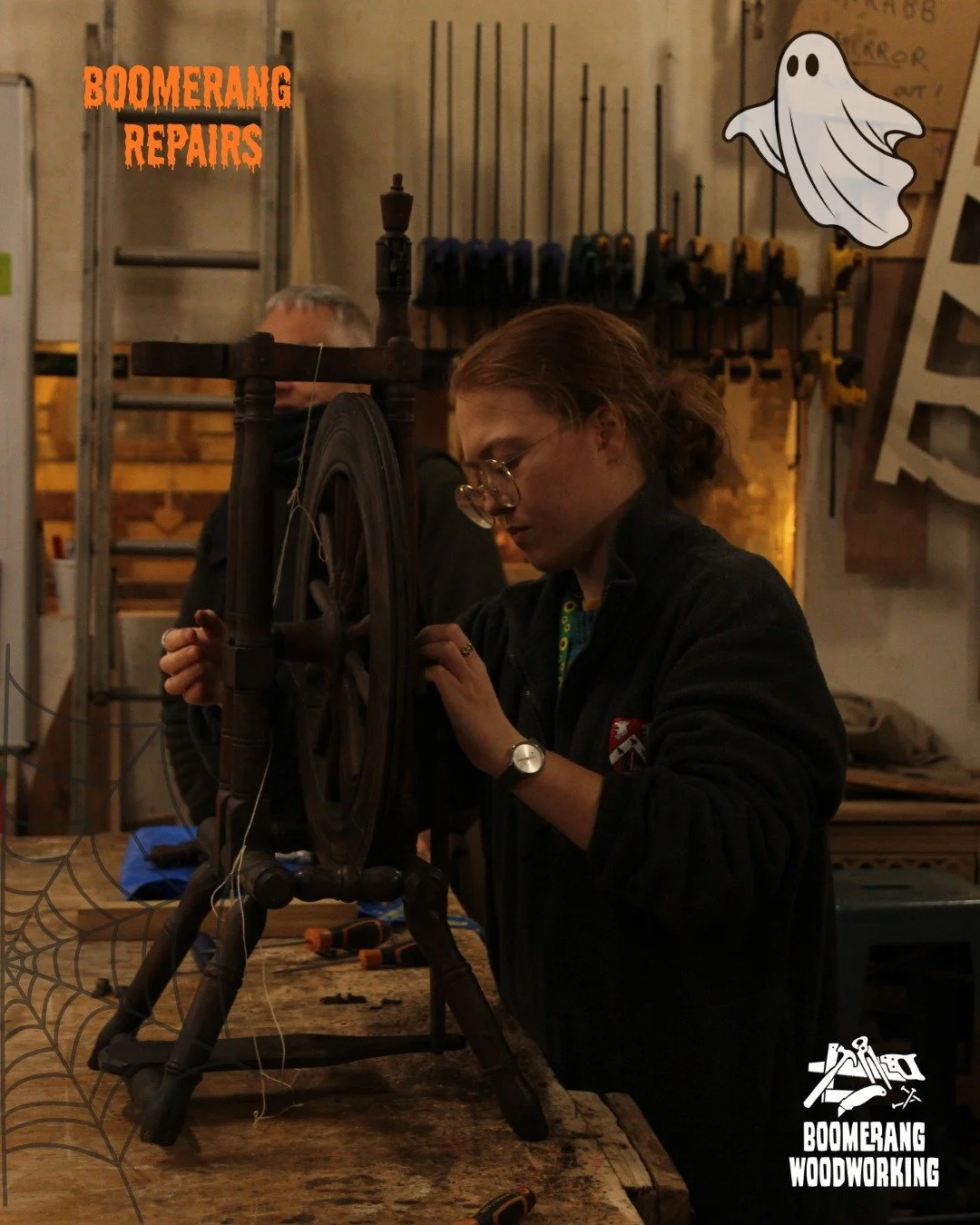 Things have been getting spooky at Open Bench, just in time for Halloween 👻

Emily came in to use the workshop to repair this old spinning wheel, fit for a witch to cast a spell on... 🧙&zwj;♀️

 #woodworking #newskills #diy #repairs #openbench #mar