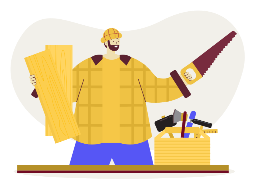 Cartoon man wearing a yellow plaid shirt and hard hat holding a piece of wood and a saw, standing at a workbench with tools and a crate of tools.