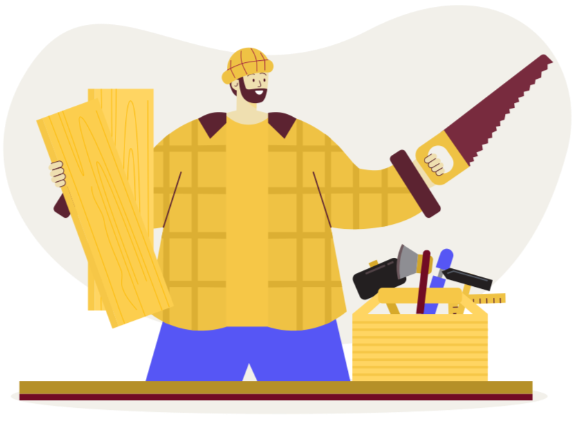 A cartoon man dressed as a lumberjack, wearing a yellow plaid shirt and hat, holding a large piece of wood in one hand and a saw in the other, standing next to a toolbox filled with tools.