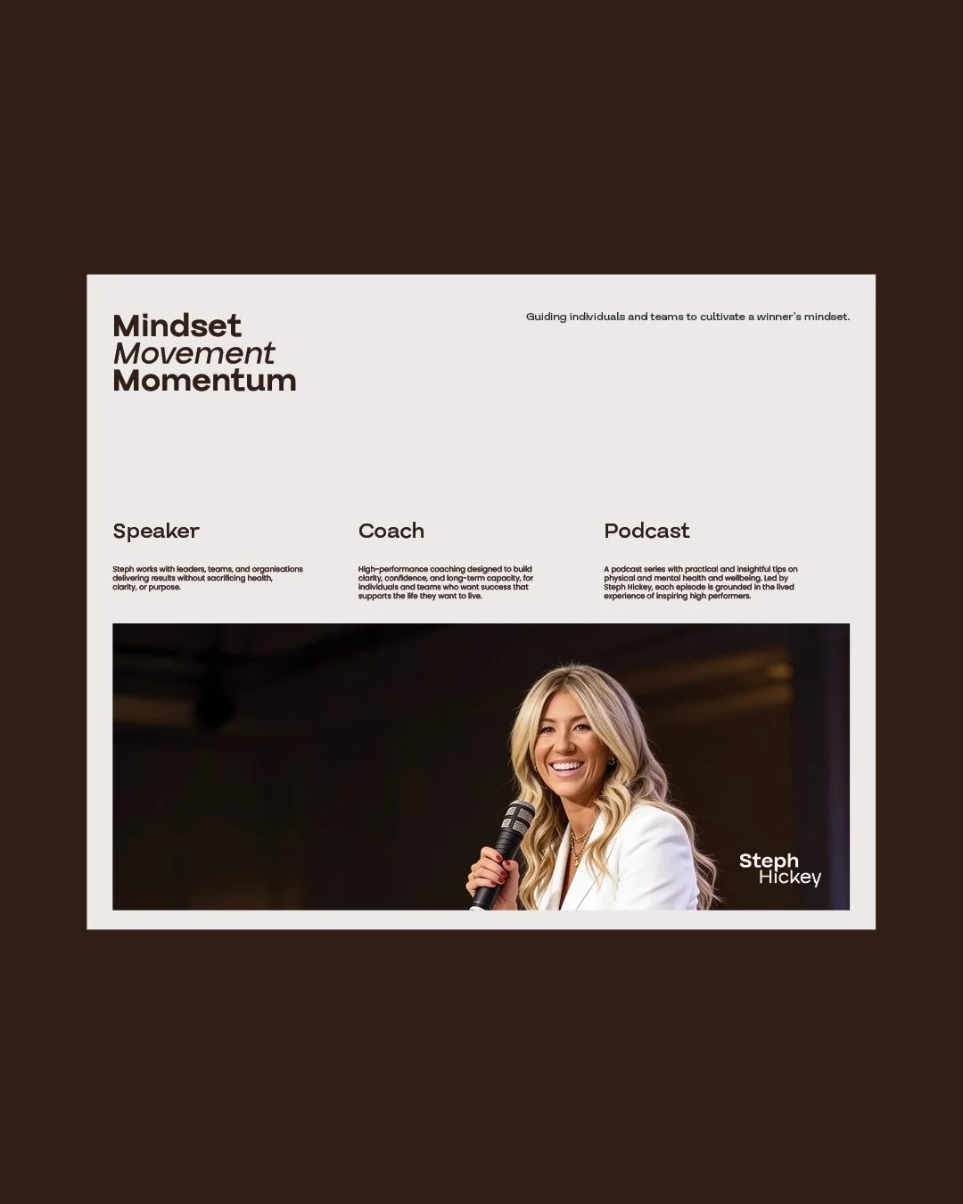Welcome to the brand Steph Hickey
Speaker, high performance coach and podcaster

Built from years inside elite performance, where pressure is constant and expectations are high. Steph is the new standard that now extends beyond sport - into leadershi
