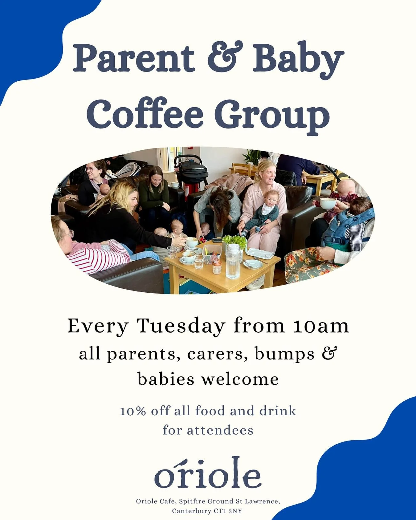 It&rsquo;s back!
Our popular parent &amp; baby group is back from Tuesday 11th November.
Come and meet some friendly faces and new parent friends at Oriole. From 10am onwards, 10% off food &amp; drinks.
We have dedicated parking spaces inside the Ken