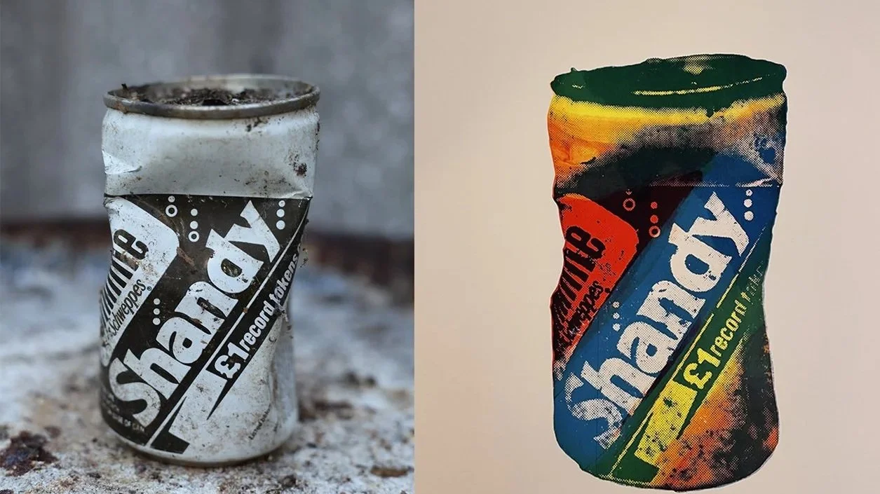 There is a black and white photo of an old shandy can on the left and a coloured screenprinted image of the same can on the right.