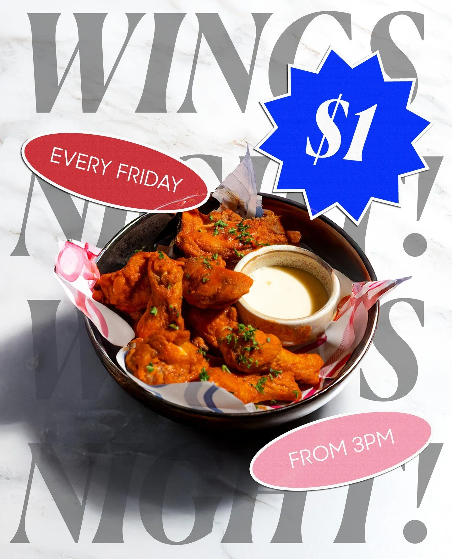 Fridays = $1 wings at Dive Bar. Take your pick between classic Buffalo heat or our flavour of the week - announced every week on our socials. Bring your crew, dig in, and make a night of it.⁠
⁠
Walk-ins welcome, bookings encouraged via link in bio. T