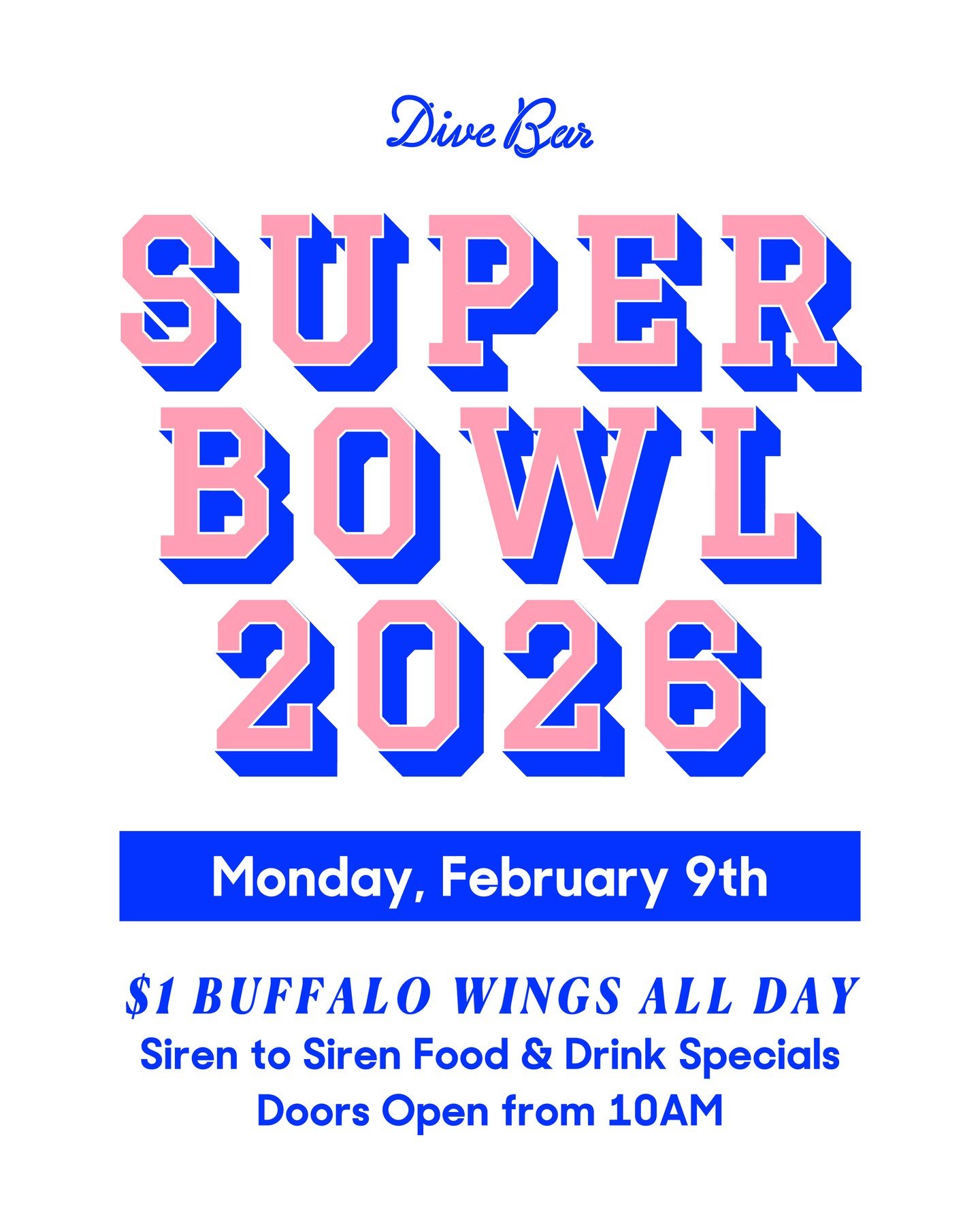 SUPER BOWL AT DIVE BAR 🏈⁠
⁠
We&rsquo;re opening early. You&rsquo;re staying late.⁠
⁠
Doors from 10am with drink specials siren to siren - $8 Schooners + $10 House Wines + $15 Cocktails ⁠
⁠
Game-day eats locked in:⁠
⁠
$1 BUFFALO WINGS ALL DAY 🍗 Plus