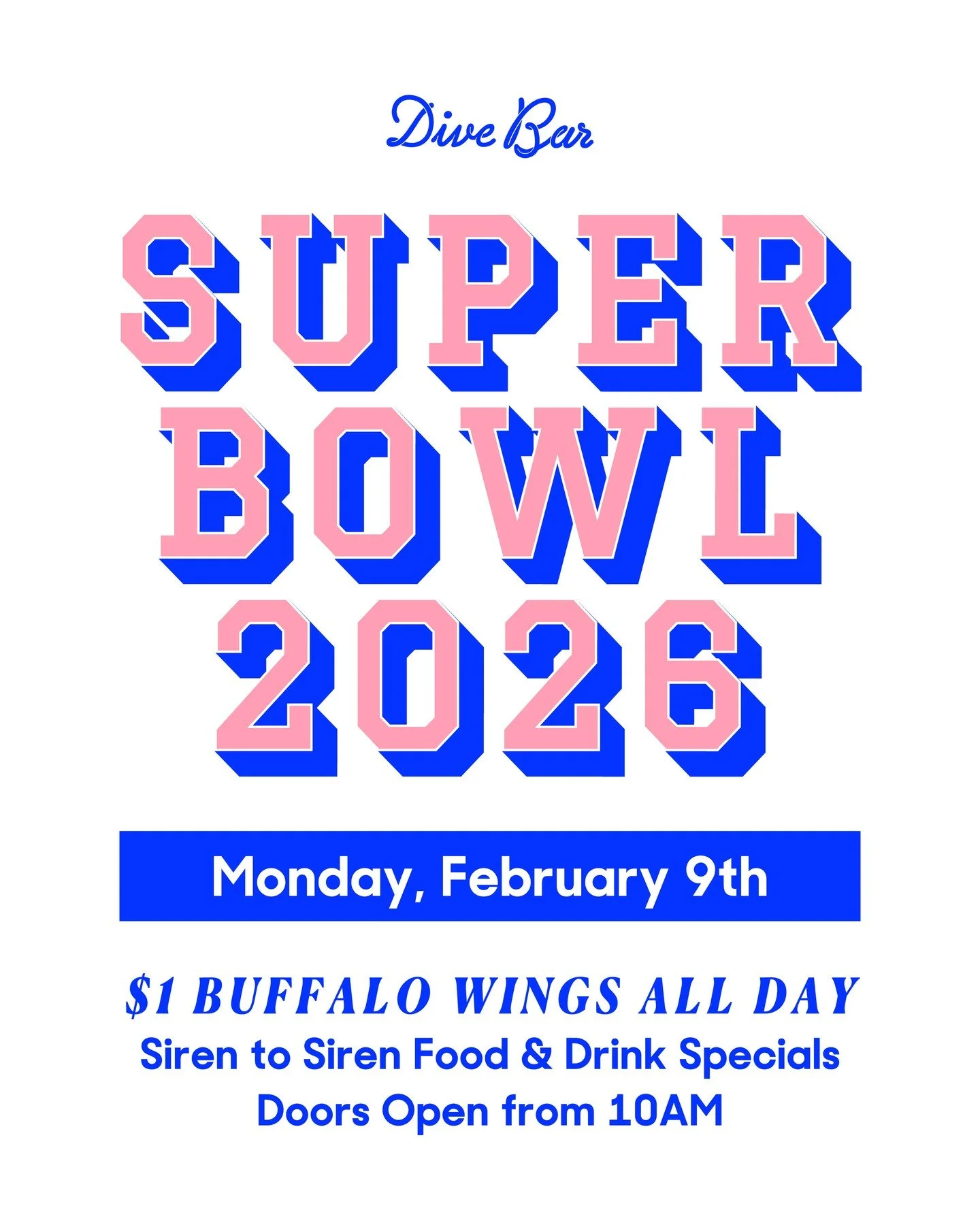 SUPER BOWL AT DIVE BAR 🏈⁠
⁠
We&rsquo;re opening early. You&rsquo;re staying late.⁠
⁠
Doors from 10am with drink specials siren to siren - $8 Schooners + $10 House Wines + $15 Cocktails ⁠
⁠
Game-day eats locked in:⁠
⁠
$1 BUFFALO WINGS ALL DAY 🍗 Plus
