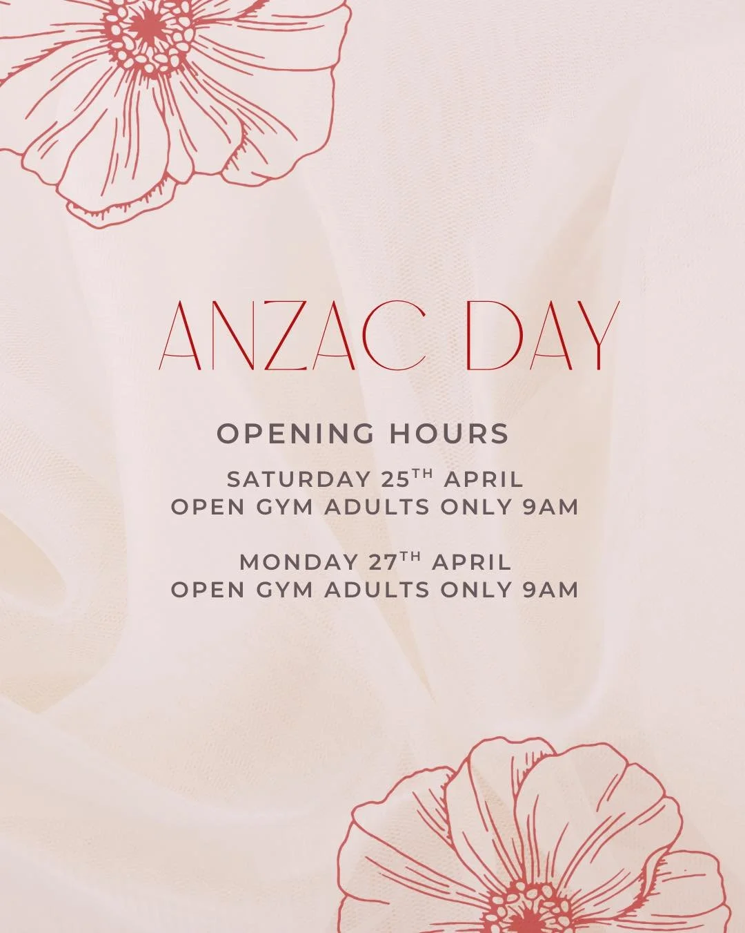 Hey team, 

These are our opening hours ahead of ANZAC day this weekend! We&rsquo;ve just got a one hour open gym from 9-10am Saturday and Monday! 

We&rsquo;ve got no kids classes, so be sure to make up for your session with an extra class either th