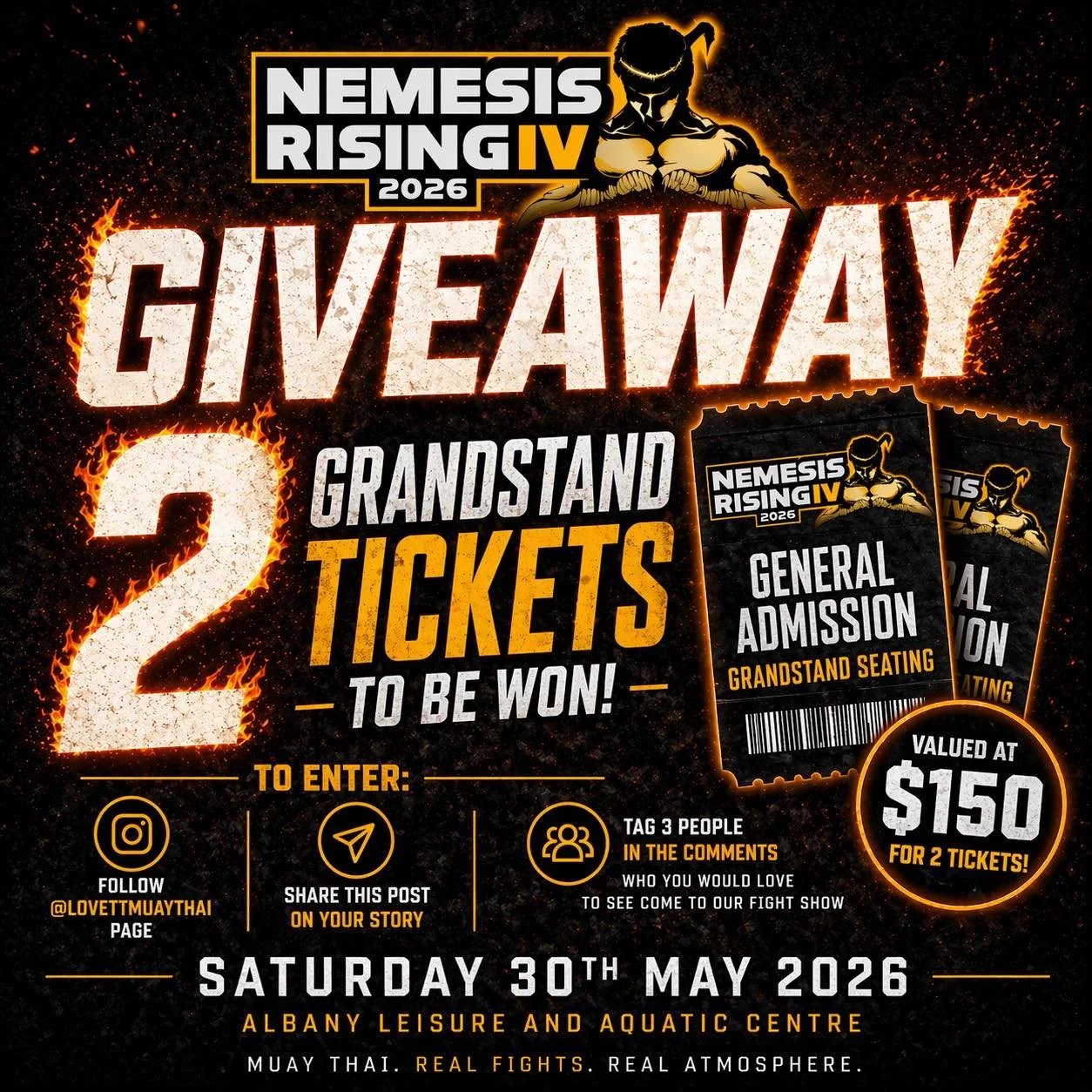 🎟️ GIVEAWAY TIME 🎟️

We&rsquo;re giving away 2 x Grandstand Tickets to
Nemesis Rising IV 🔥

That&rsquo;s 2 tickets valued at $150: bring a mate and experience one of the biggest fight nights in Albany.

📍 Albany Leisure &amp; Aquatic Centre
📅 Sa