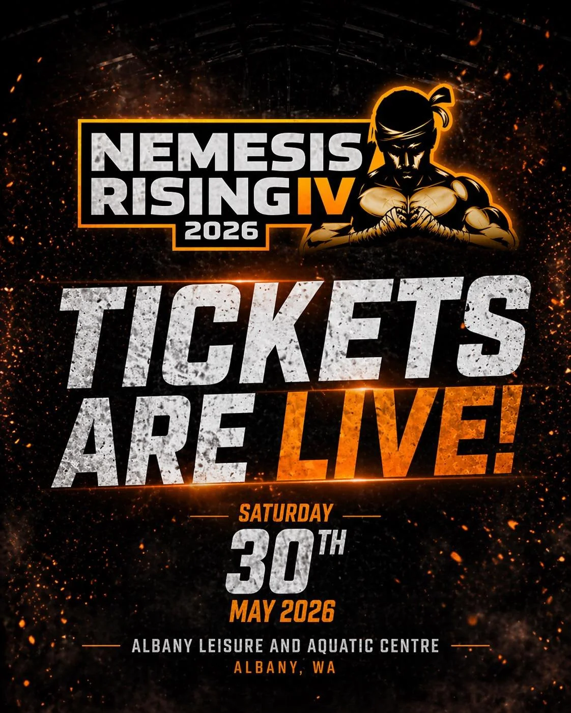 🎟️ TICKETS ARE LIVE 🔥

Nemesis Rising IV is locked in&hellip;
📅 Saturday 30th May 2026
📍 Albany Leisure &amp; Aquatic Centre

Get yours now from Lovett Muay Thai Gym
📍 129 Lockyer Avenue

🕒 Available:
&bull; 6am&ndash;10am (Mon&ndash;Fri + Sat 