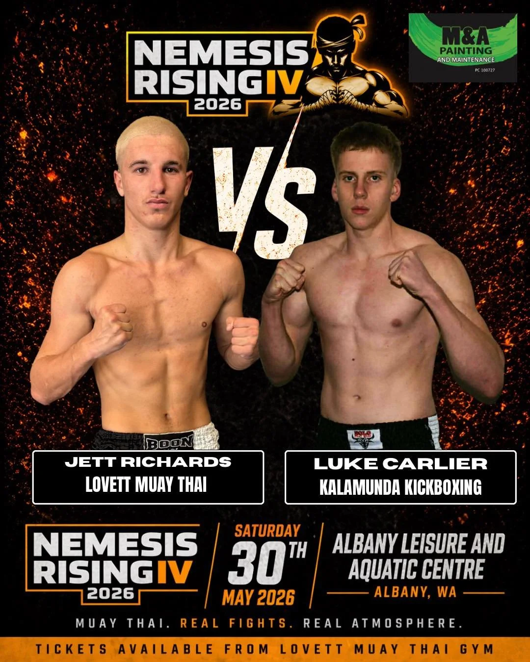FIGHT ANNOUNCEMENT 🔥

Jett Richards
Lovett Muay Thai

vs

Luke Carlier
Kalamunda Kickboxing

Local fighter Jett steps up to make his debut, ready to perform in front of a home crowd. His challenger, Luke Carlier, is bound to bring some heat 🔥 This 