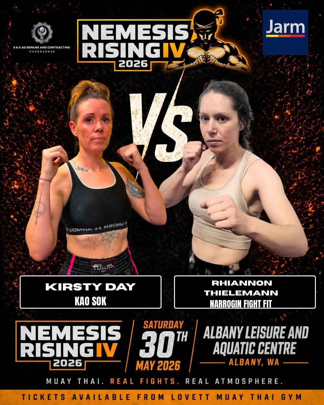 🔥 FIGHT ANNOUNCEMENT 🔥

We&rsquo;ve got another exciting female bout added to the undercard at Nemesis Rising IV.

Kirsty Day from Kao Sok takes on Rhiannon Thielemann from Narrogin Fight Fit, with both girls stepping into the ring for their debut 