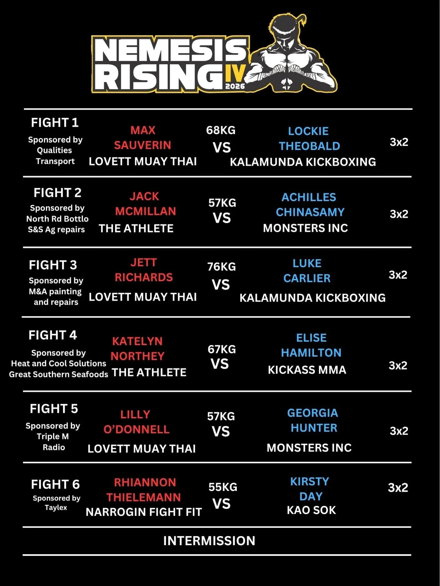 🚨FIGHT CARD 🚨

Tomorrow&rsquo;s card is set to be a banger 😍🤩 One of Albany&rsquo;s BIGGEST nights of the year! 

Last chance to pre order tickets through https://www.trybooking.com/DMLVK or tonight at 5:30pm weigh ins! 

🚪door ticket sales from