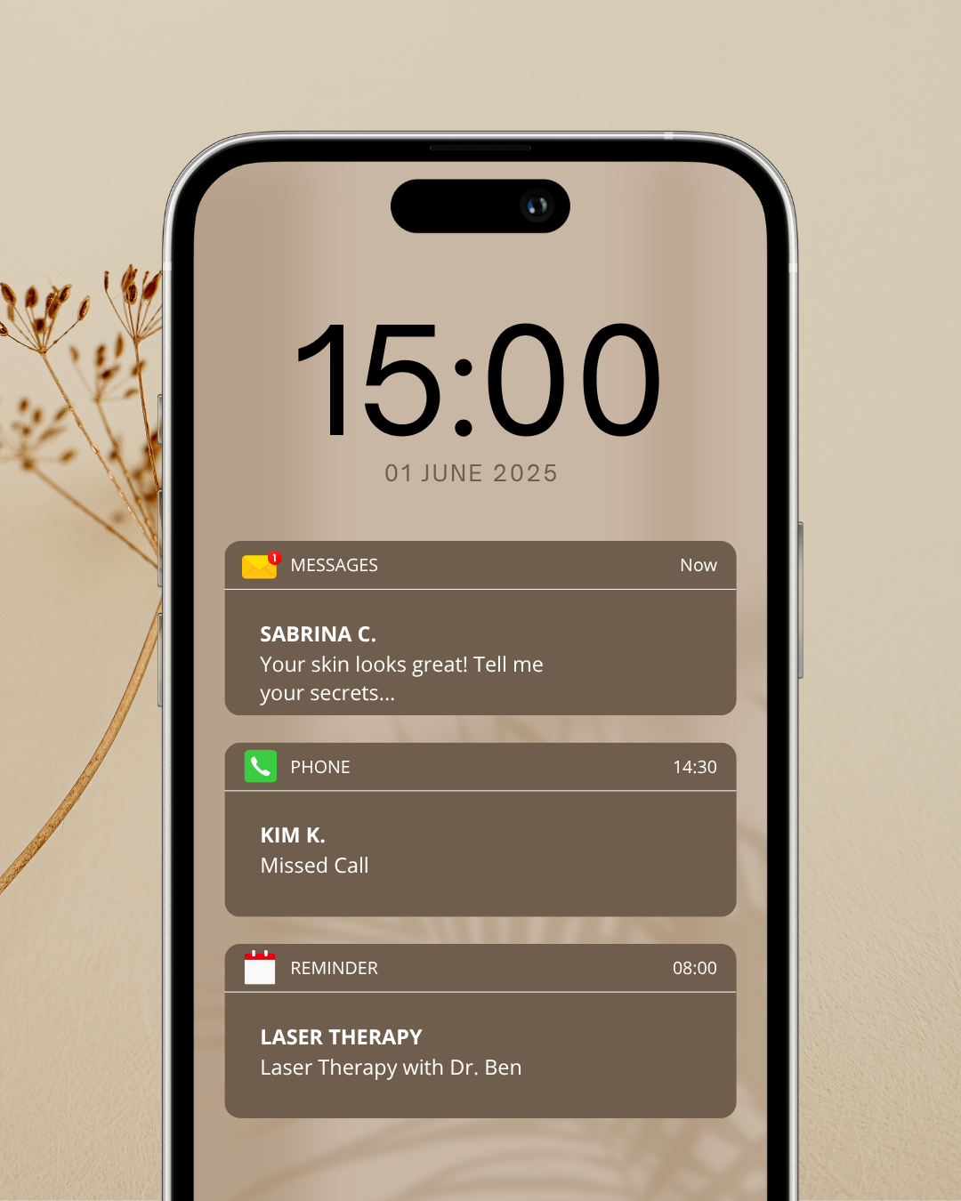 A smartphone displaying the time 15:00, date June 1, 2025, with notifications for messages from Sabrina C., a missed call from Kim K., and a reminder for laser therapy with Dr. Ben.