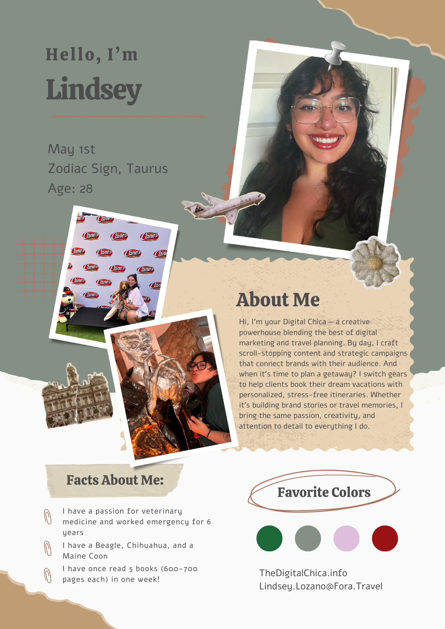 A digital profile of Lindsey, a 28-year-old woman with dark curly hair and glasses, featuring her photos, personal facts, and favorite colors. The profile includes her introduction, a brief biography, and fun facts, with images of her at an event and