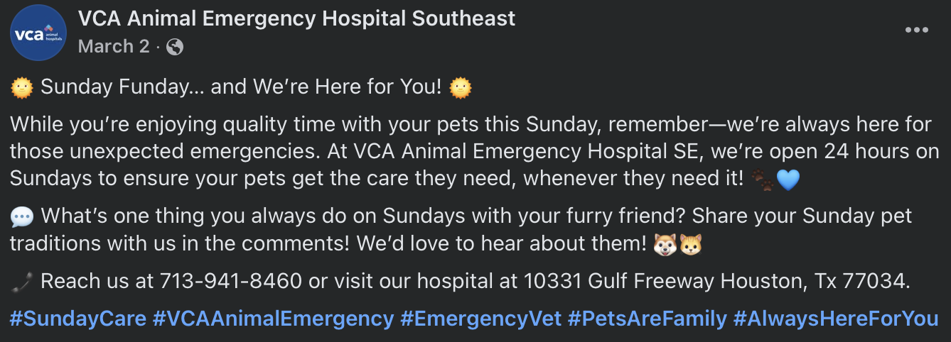 VCA Animal Emergency Hospital Southeast social media post with text promoting Sunday emergency pet care, encouraging sharing pet traditions, and providing contact information.
