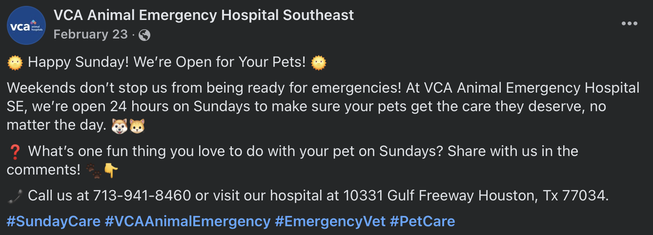 Social media post from VCA Animal Emergency Hospital Southeast announcing they are open 24 hours on Sundays for pet emergencies, with a cheerful sun emoji at the top and dog emojis near the text.