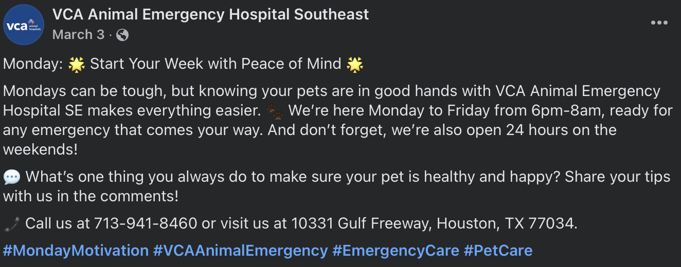 VCA Animal Emergency Hospital Southeast logo and text posted on social media about pet care hours, safety tips, and contact information.