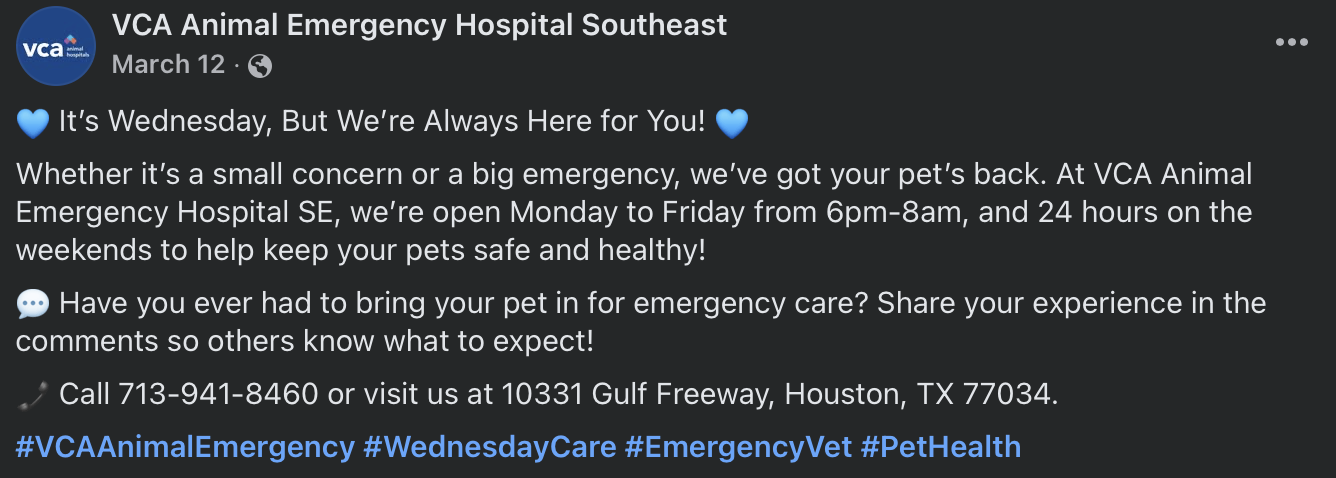 Facebook post from VCA Animal Emergency Hospital Southeast about their availability and services, with a blue heart emoji.