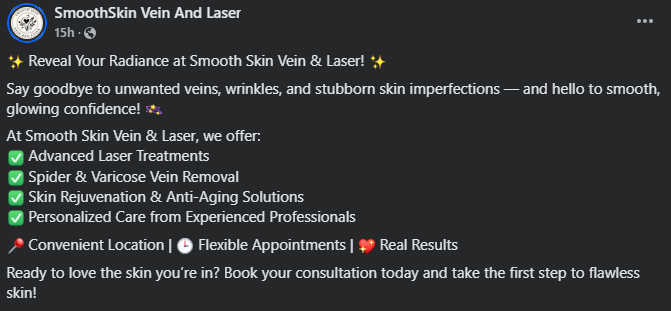 Social media post advertising vein and laser treatments for skin rejuvenation, vein removal, and anti-aging solutions at Smooth Skin Vein & Laser.