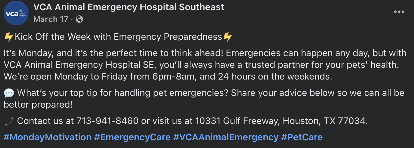 Social media post from VCA Animal Emergency Hospital Southeast promoting emergency preparedness for pet owners, with information about hospital hours and contact details.