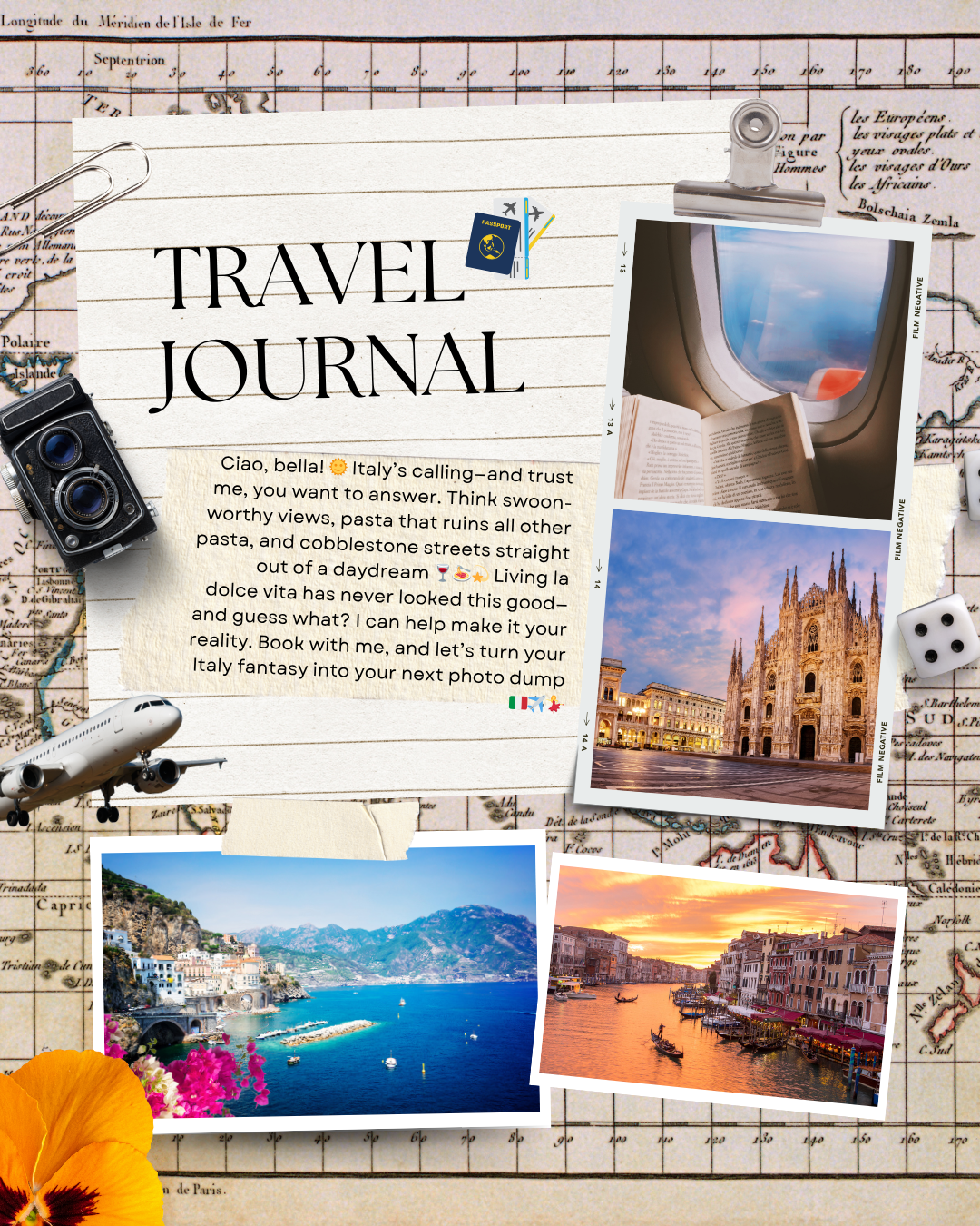 A travel journal page with photos of Italy, including a cathedral, a coastal town with colorful buildings, and a sunset over a canal, along with travel-themed decorations and a written message.