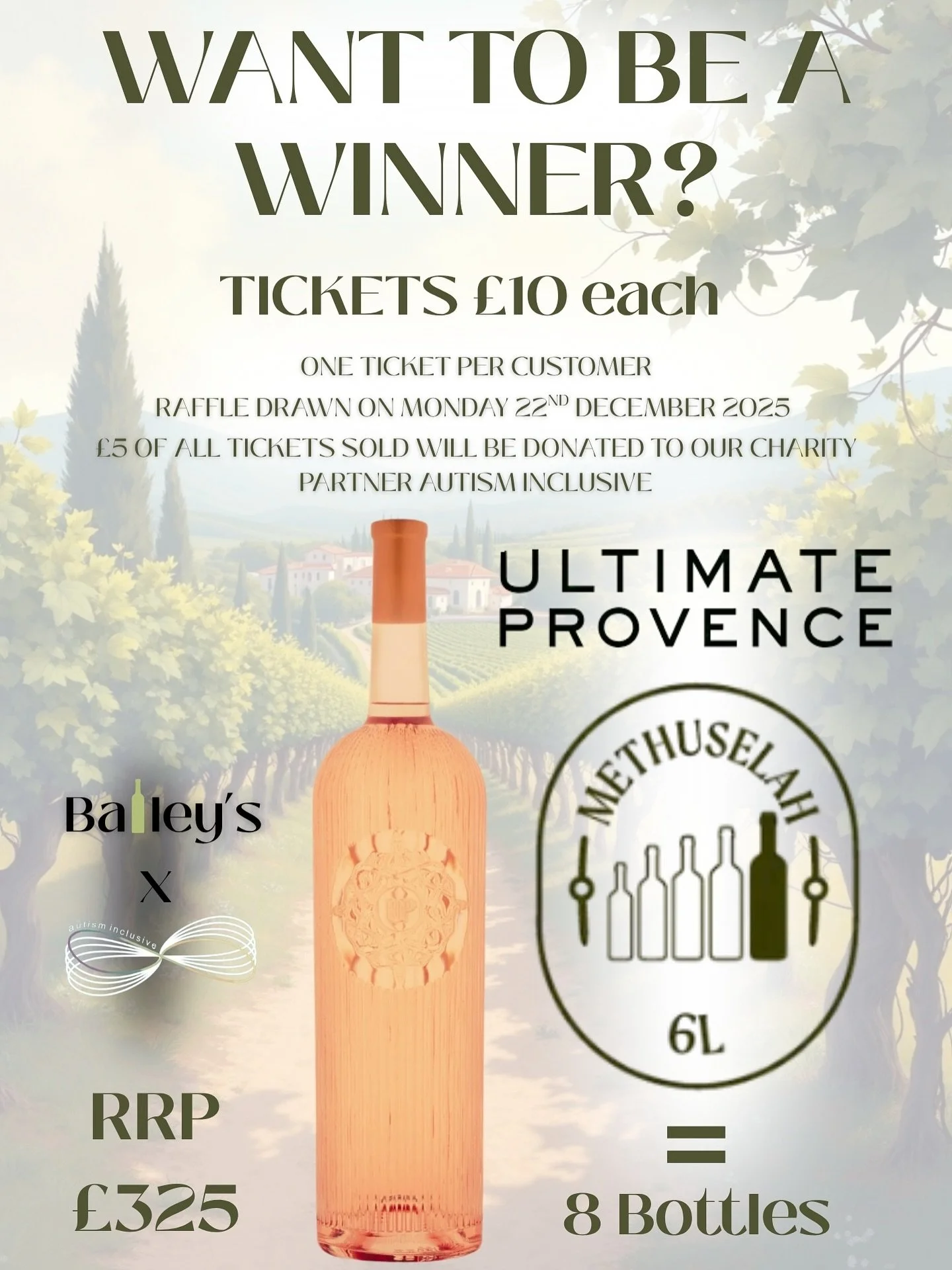 ✨ WANT TO BE A WINNER THIS CHRISTMAS? ✨
We’re raffling off something truly special — a Methuselah (6L!) bottle of Ultimate Provence Rosé, worth £325. That’s the equivalent of 8 bottles of Provence perfection, ready to
