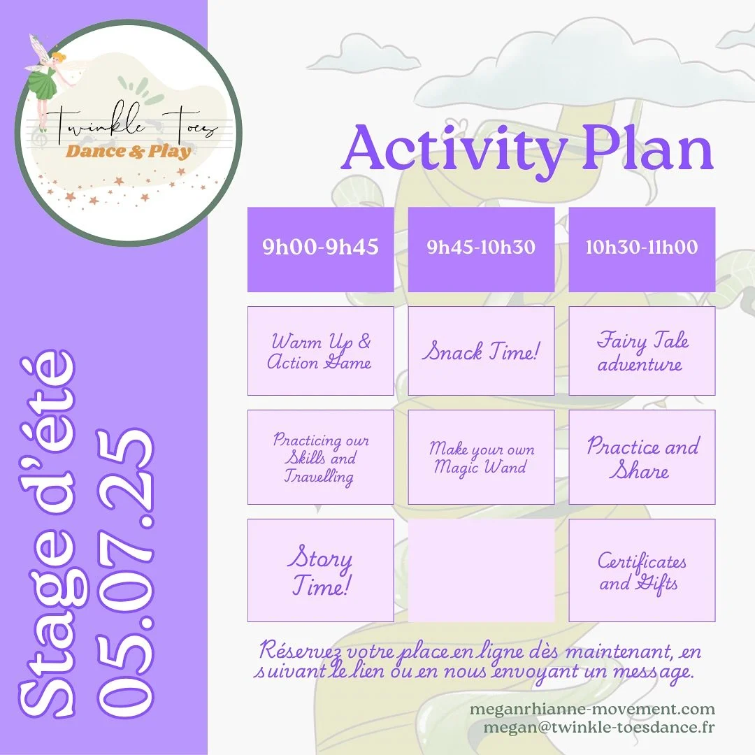 SUMMER STAGE 🧚Fairy Tales
We have a full morning planned!
What we are doing:
• Independent skills (foundation Ballet/Jazz positions and steps)
• Group exercises (acting and retelling stories through actions)
• FairyTale Obstacle
