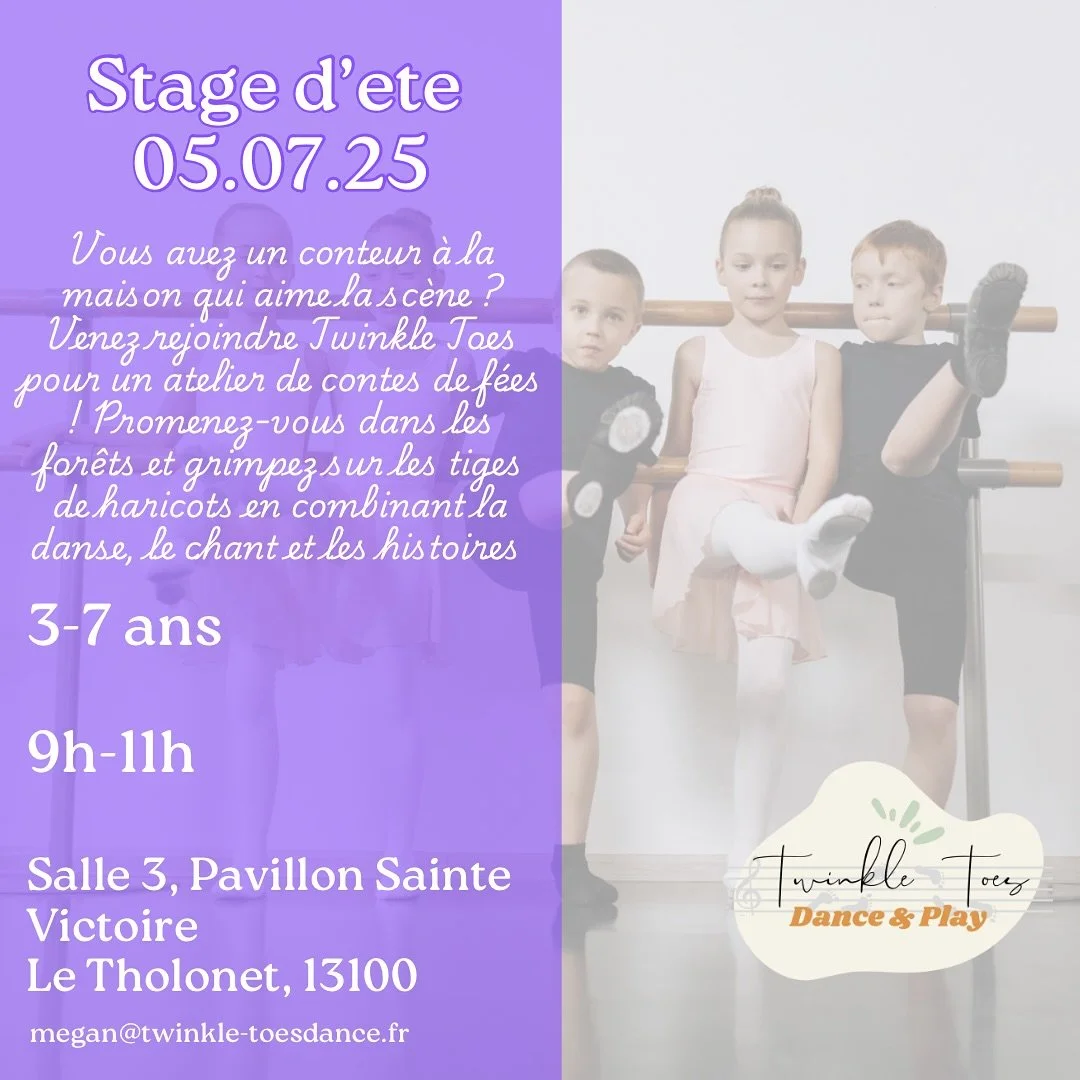 ✨Stage d’été TWINKLE TOES DANCE ✨
Vous avez un conteur à la maison qui aime la scène ? Venez rejoindre Twinkle Toes pour un atelier de contes de fées ! Promenez-vous dans les forêts et grimpez sur les t