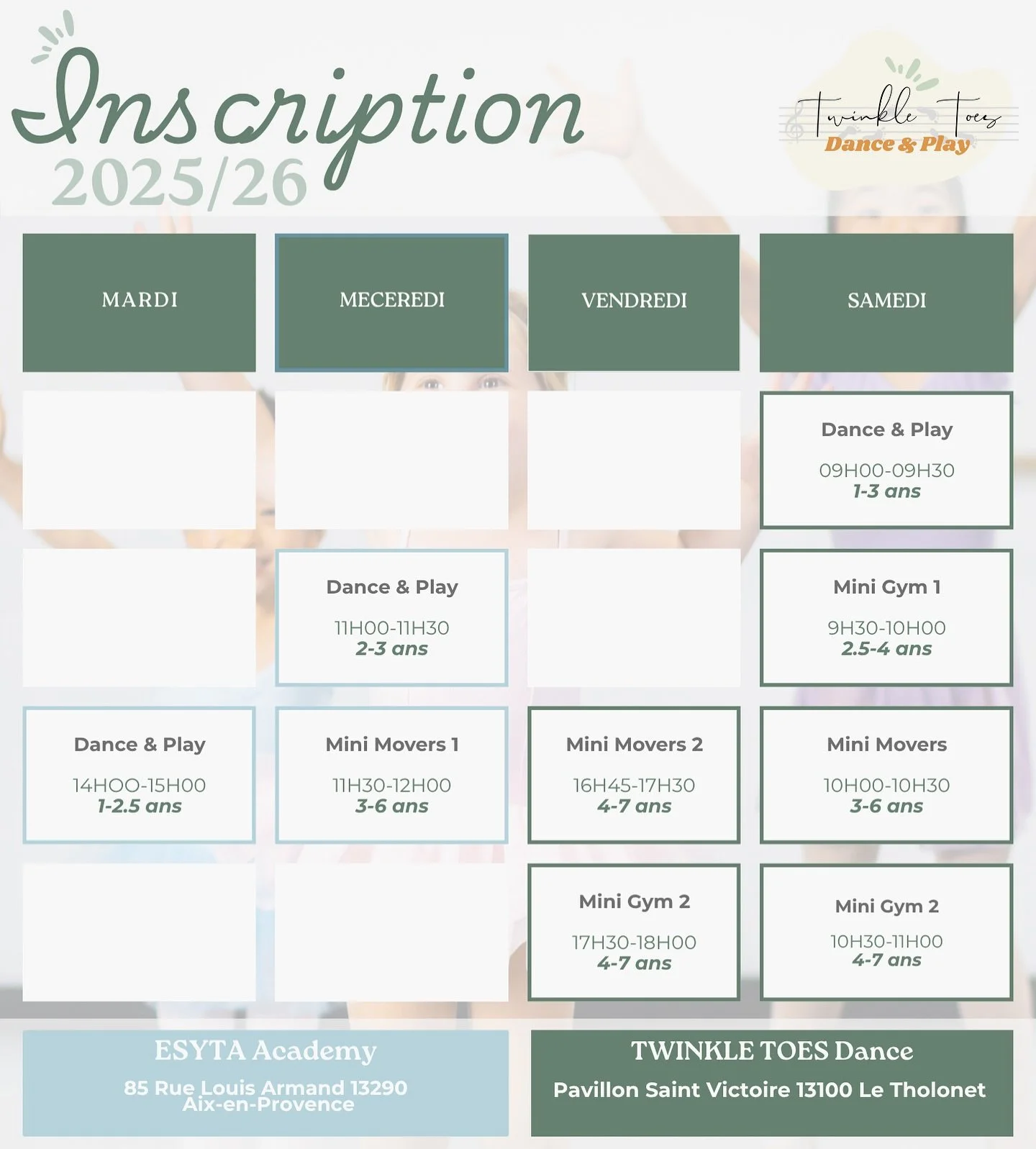 INSCRIPTION 2025/26 EST OUVERTE!
Rejoignez Twinkle Toes et explorez la magie de la danse!
Avec des cours pour les 1 à 7 ans de danse classique, de jazz et d’acrobatie.
Enseigné par un professeur de danse qualifié suiva