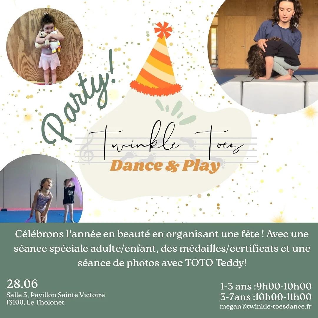 ✨TWINKLE TOES Dance Party! ✨
📅 28/06
Célébrons l’année en beauté en organisant une fête ! Avec une séance spéciale adulte/enfant, des médailles et des certificats et une séance de