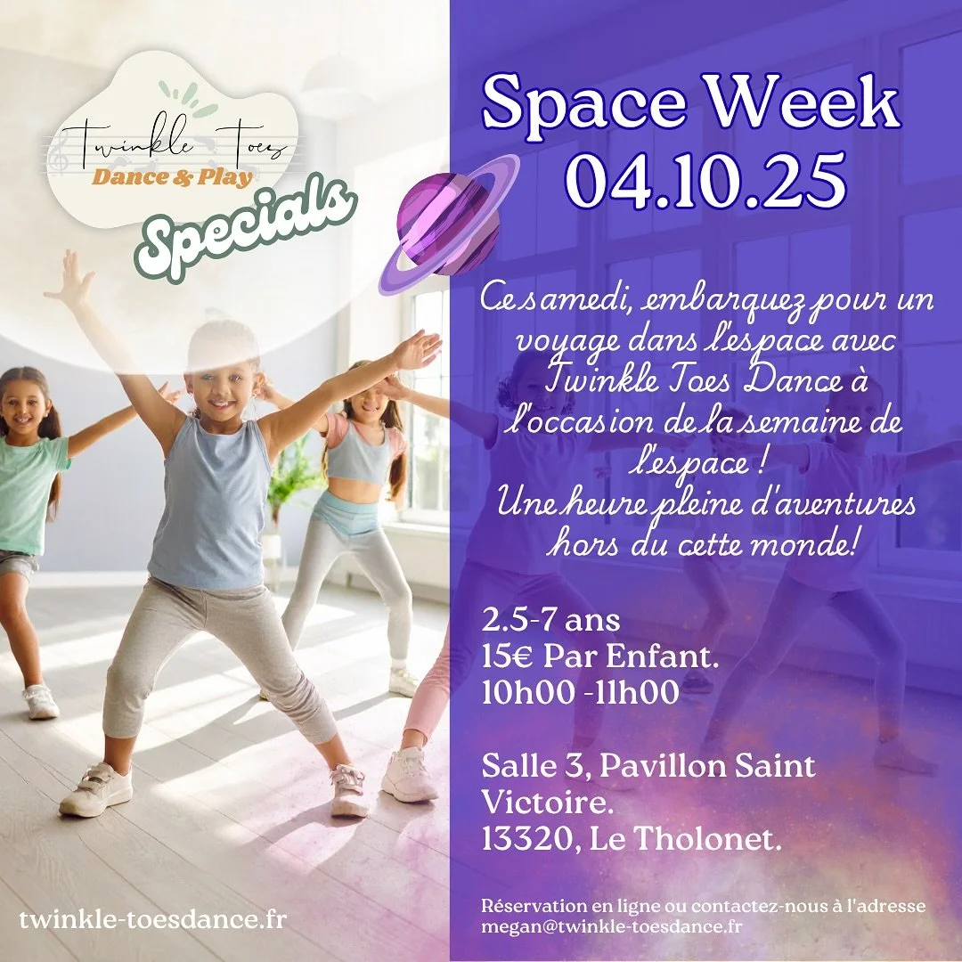 TWINKLE TOES Dance Specials: SPACE WEEK 🪐
Ce samedi, embarquez pour un voyage dans l’espace avec Twinkle Toes Dance à l’occasion de la semaine de l’espace !
Une heure pleine d’aventures hors du cette monde!
2.5-7 ans