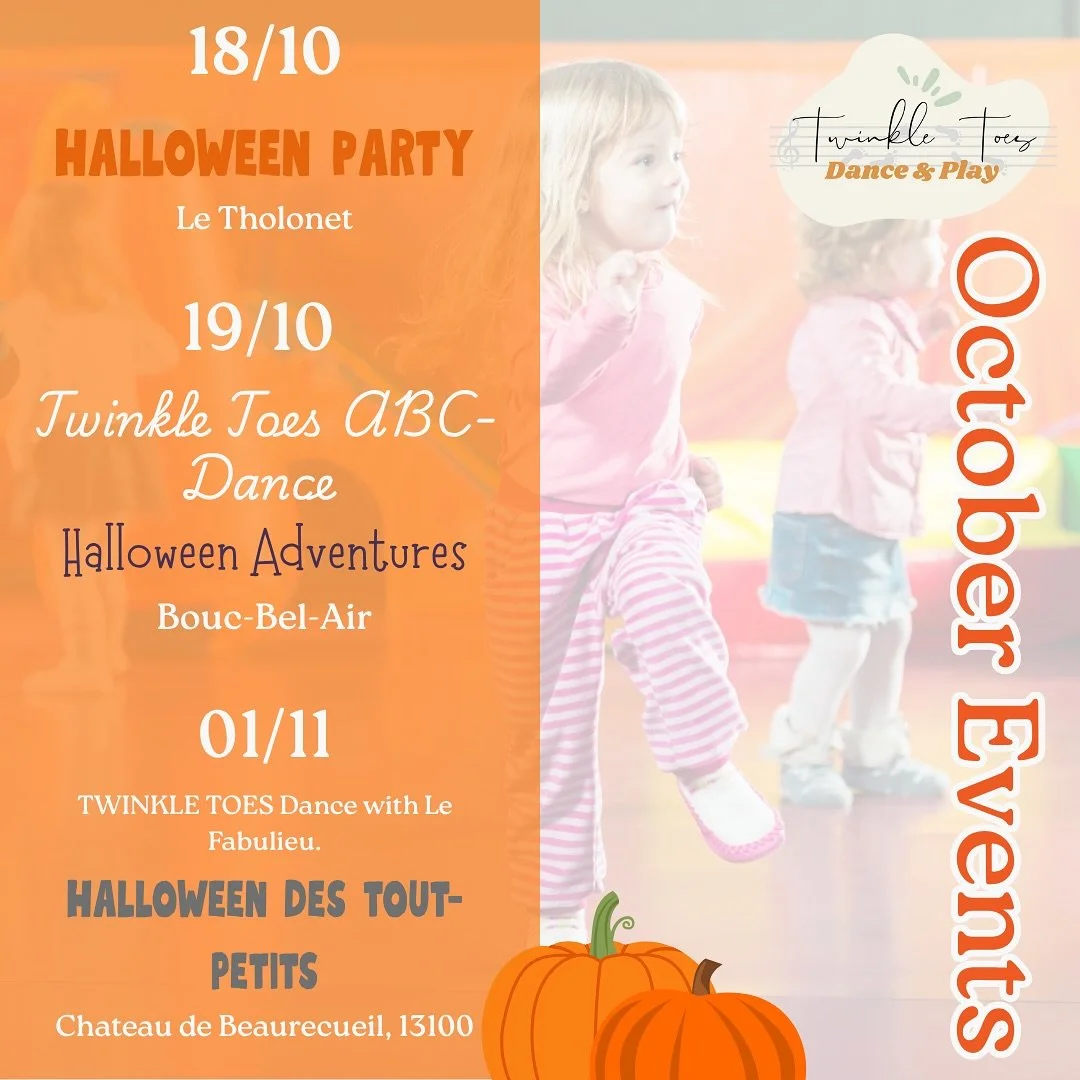 🎃October Events
🎃HALLOWEEN PARTY
18/10
2 heures de danse, d’artisanat et d’activités. Rejoignez TWINKLE TOES Dance pour une ‘Spooktacular’ fête d’Halloween le 18 octobre.
9h00-11h00
2.5-7 ans
20€ P