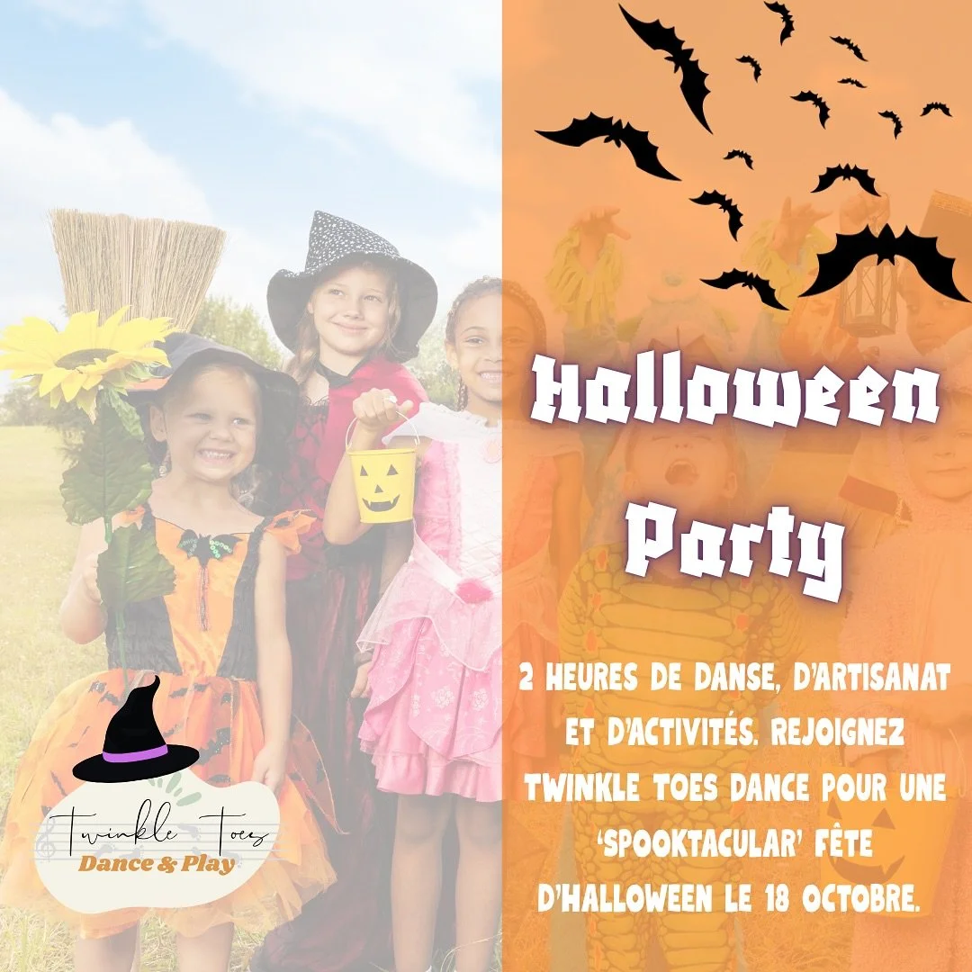 🎃 TWINKLE TOES DANCE Halloween Party! 🎃

2 heures de danse, d&rsquo;artisanat et d&rsquo;activit&eacute;s. Rejoignez TWINKLE TOES Dance pour une &lsquo;Spooktacular&rsquo; f&ecirc;te d&rsquo;Halloween le 18 octobre.

18/10
9h00-11h00
2.5-7 ans 

20