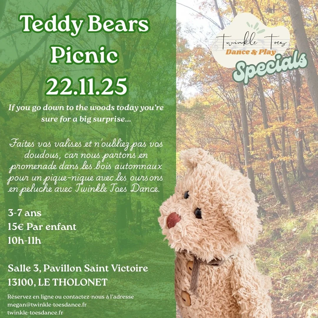 Notre Prochaine sp&eacute;ciale! 🧸
TEDDY BEARS PICNIC
22/11

If you go down to the woods today you&rsquo;re sure for a big surprise...

Faites vos valises et n&rsquo;oubliez pas vos doudous, car nous partons en promenade dans les bois automnaux pour