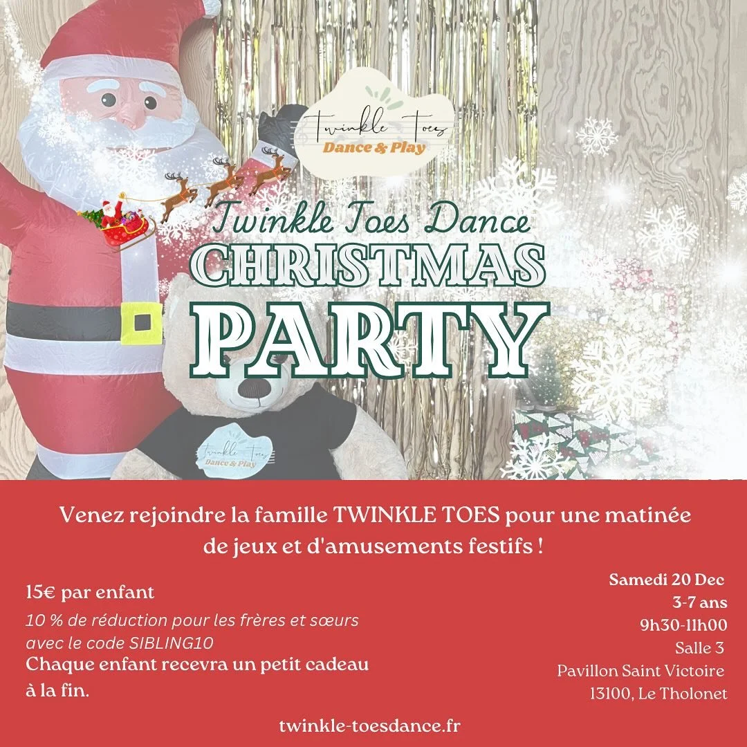 TWINKLE TOES CHRISTMAS PARTY 2025 🎄

Rejoignez-nous le samedi 20 pour une matin&eacute;e de jeux et d&rsquo;amusements festifs !
- Activit&eacute;s de danse Twinkle Toes
- Artisanat festif
- Une chance de gagner votre propre nounours TOTO
- Jouer su