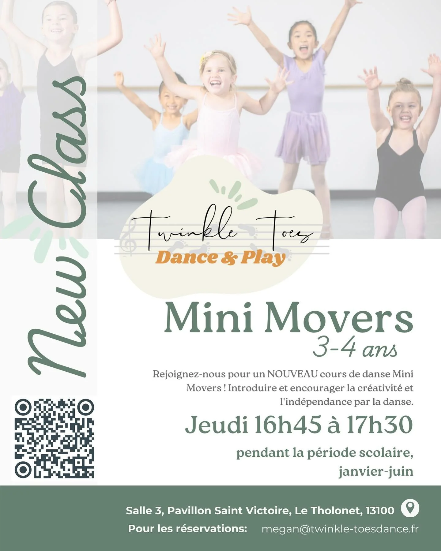✨ NEW FOR 2026 ✨

Nous sommes heureux d&rsquo;annoncer une nouvelle classe dans l&rsquo;emploi du temps 🤸.

Nos MINI MOVERS 3-4 ans se concentreront sur
L&rsquo;introduction de l&rsquo;anglais &agrave; travers des mouvements cr&eacute;atifs, des cha