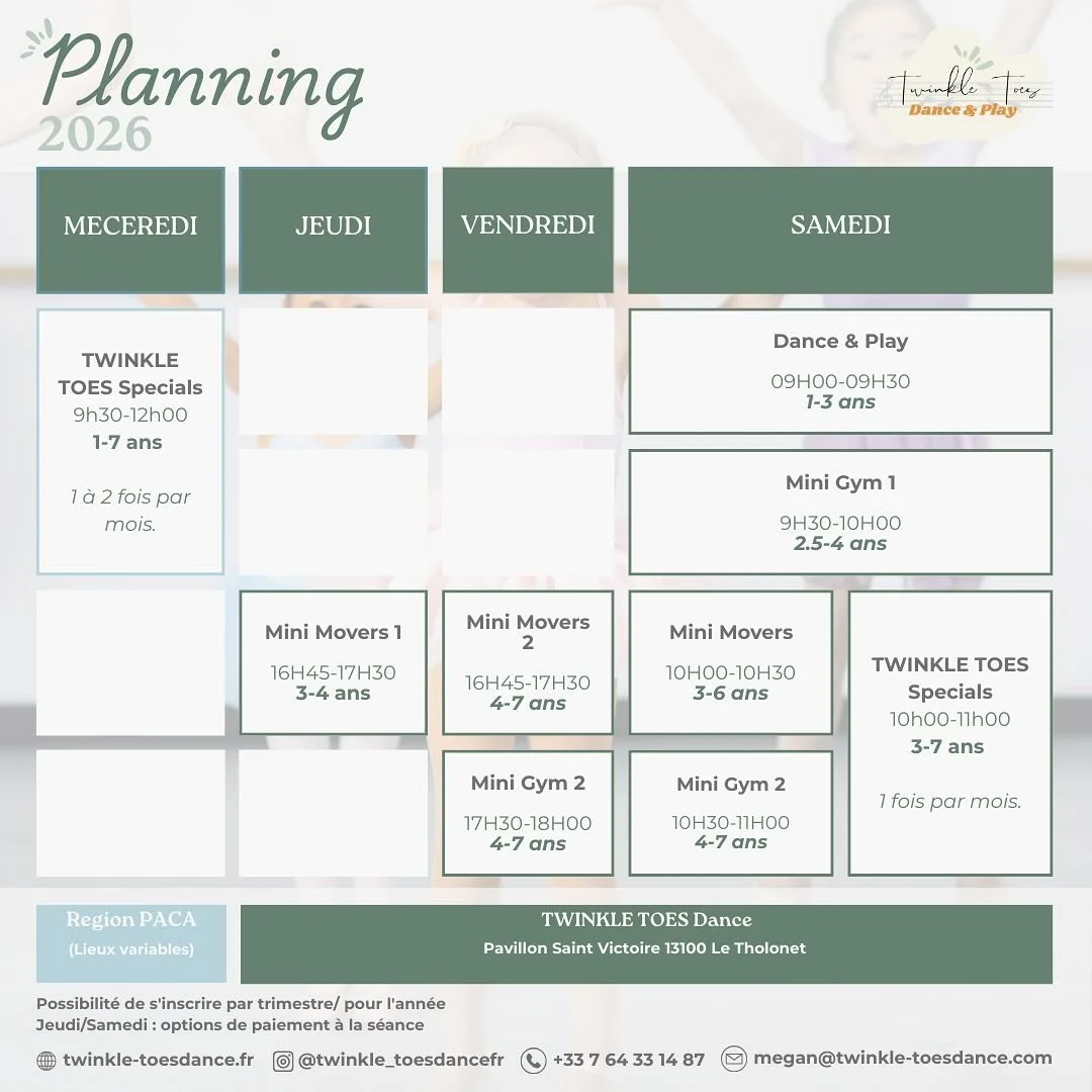 ✨Planning 2026 ✨
d&rsquo;une nouvelle ann&eacute;e et d&rsquo;un nouveau calendrier !

Cours hebdomadaires 📍Pavillon Sainte Victoire, 13100 

Jeudi
3-4 ans 
Mini Movers 1 (danse &eacute;veil) 🎭
16h45-17h30

Vendredi 
4-7 ans 
Mini Movers 2 (danse i